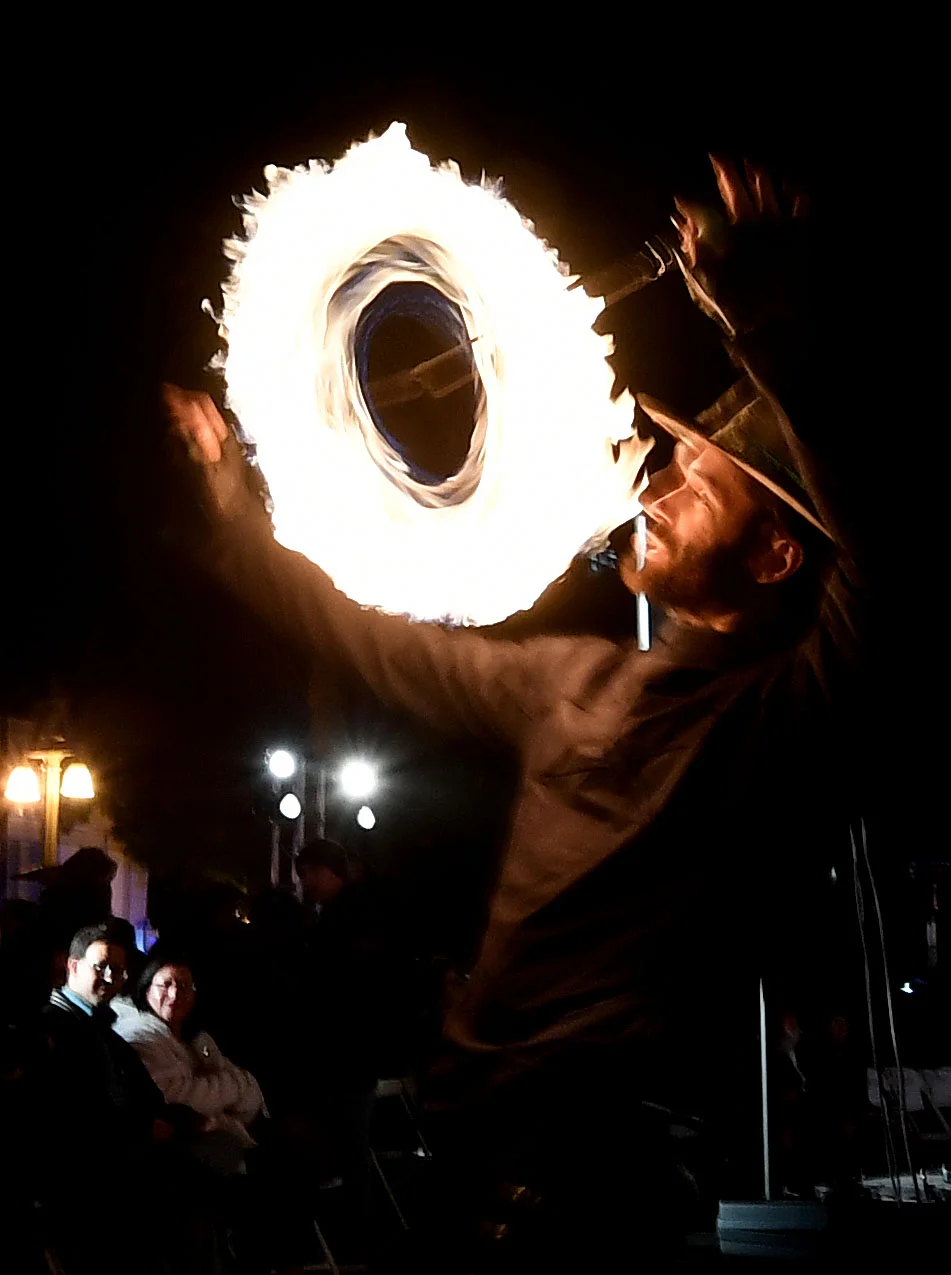 Fire dancer John Routson, from Riverside, performs for those gathered prior to the lighting of the Inland Empire's largest Menorah during the 14th annual Chanukah Festival outside of the Riverside courthouse on Monday evening December 3, 2018.  