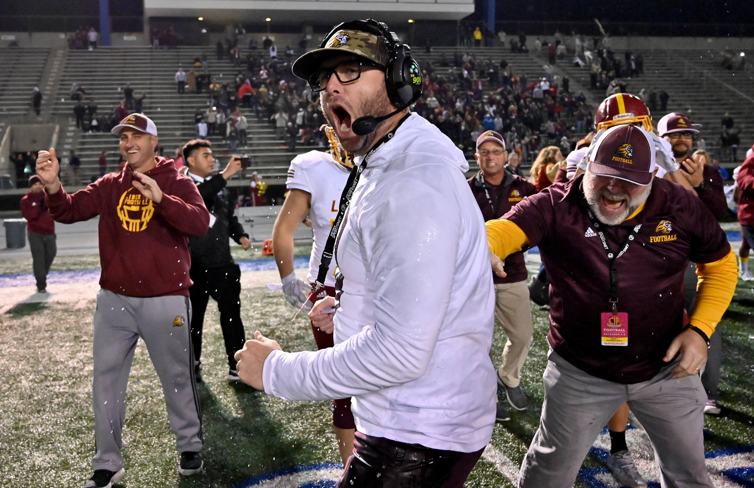  Head coach Ryan Partridge of Liberty celebrates as Liberty defeated Sierra Canyon 19-17 to win the CIF State Division 1 A Championship football game at Cerritos College on Saturday, December 15, 2018 in Norwalk, California.  