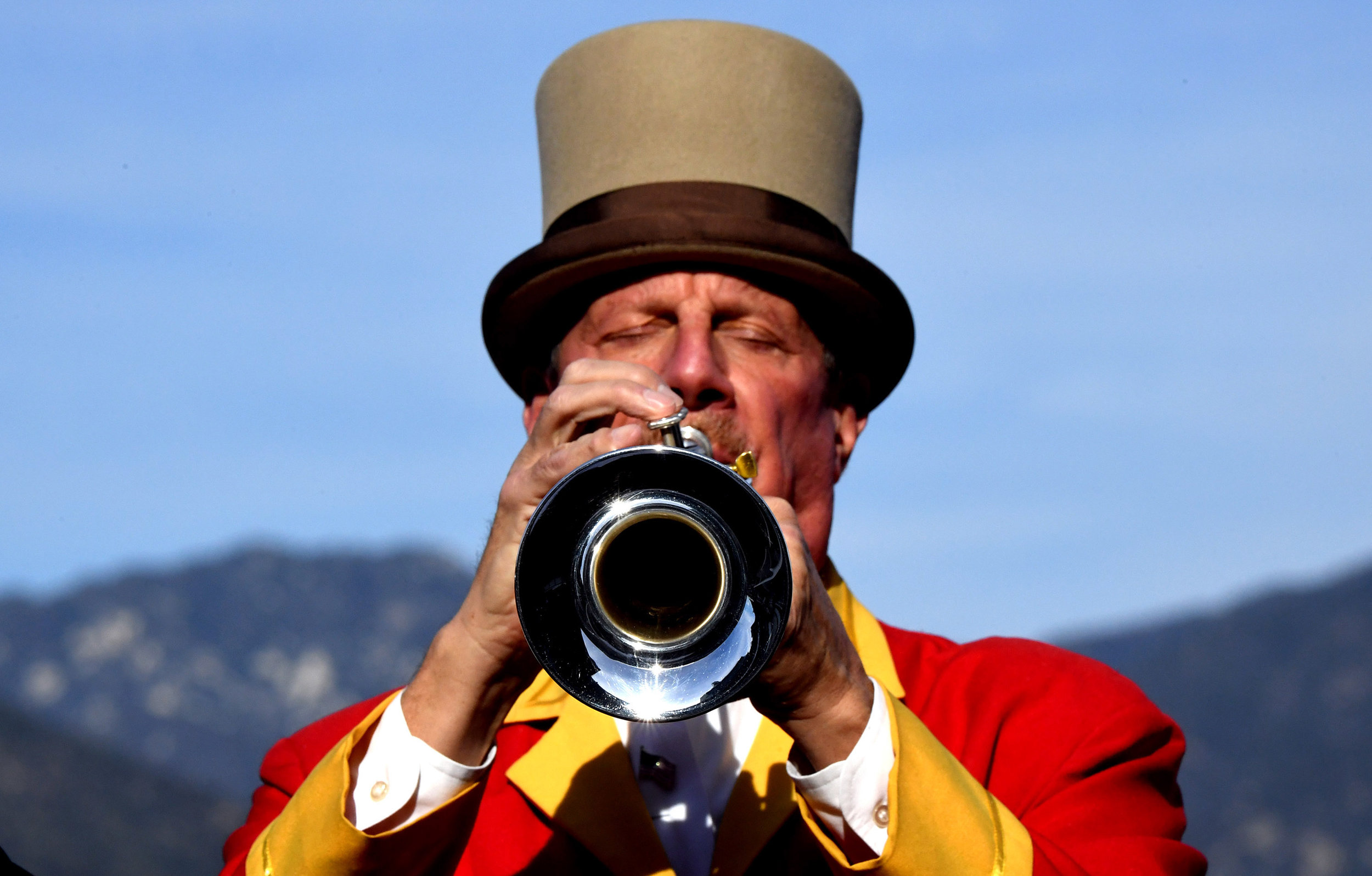  Horn Blower Jay Cohen performs during horse racing at Santa Anita Park on Wednesday, December 26, 2018 in Arcadia, California.  