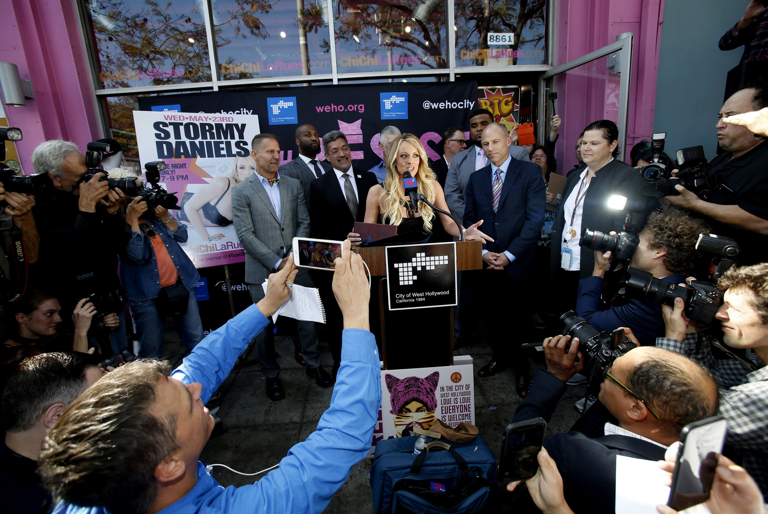  Stormy Daniels, center, speaks during a ceremony for her receiving a City Proclamation and Key to the City on Wednesday, May 23, 2018 in West Hollywood, Calif. 