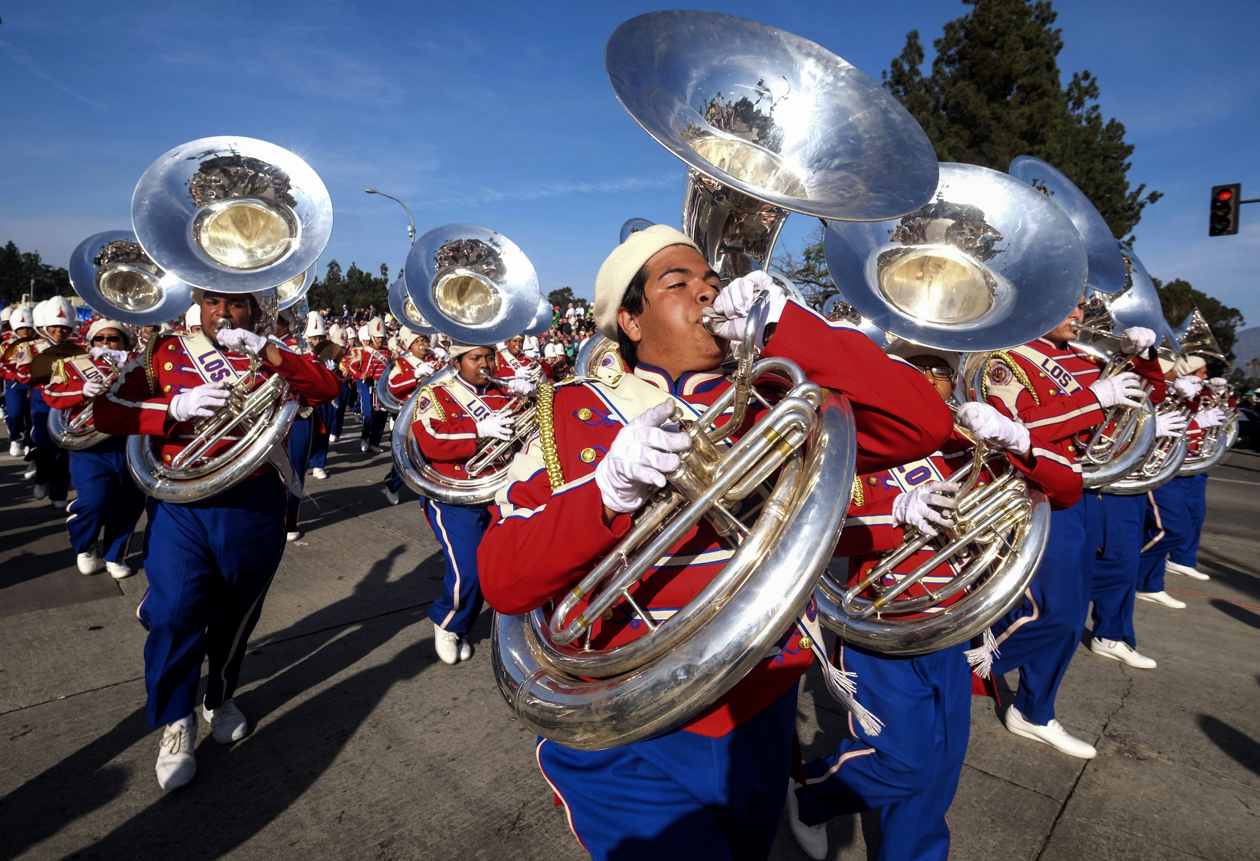  Members of Los Angeles All District High School Honor Band perform along Colorado Boulevard during 129th Rose Parade in Pasadena, California, the United States, Monday, Jan. 1, 2018. 