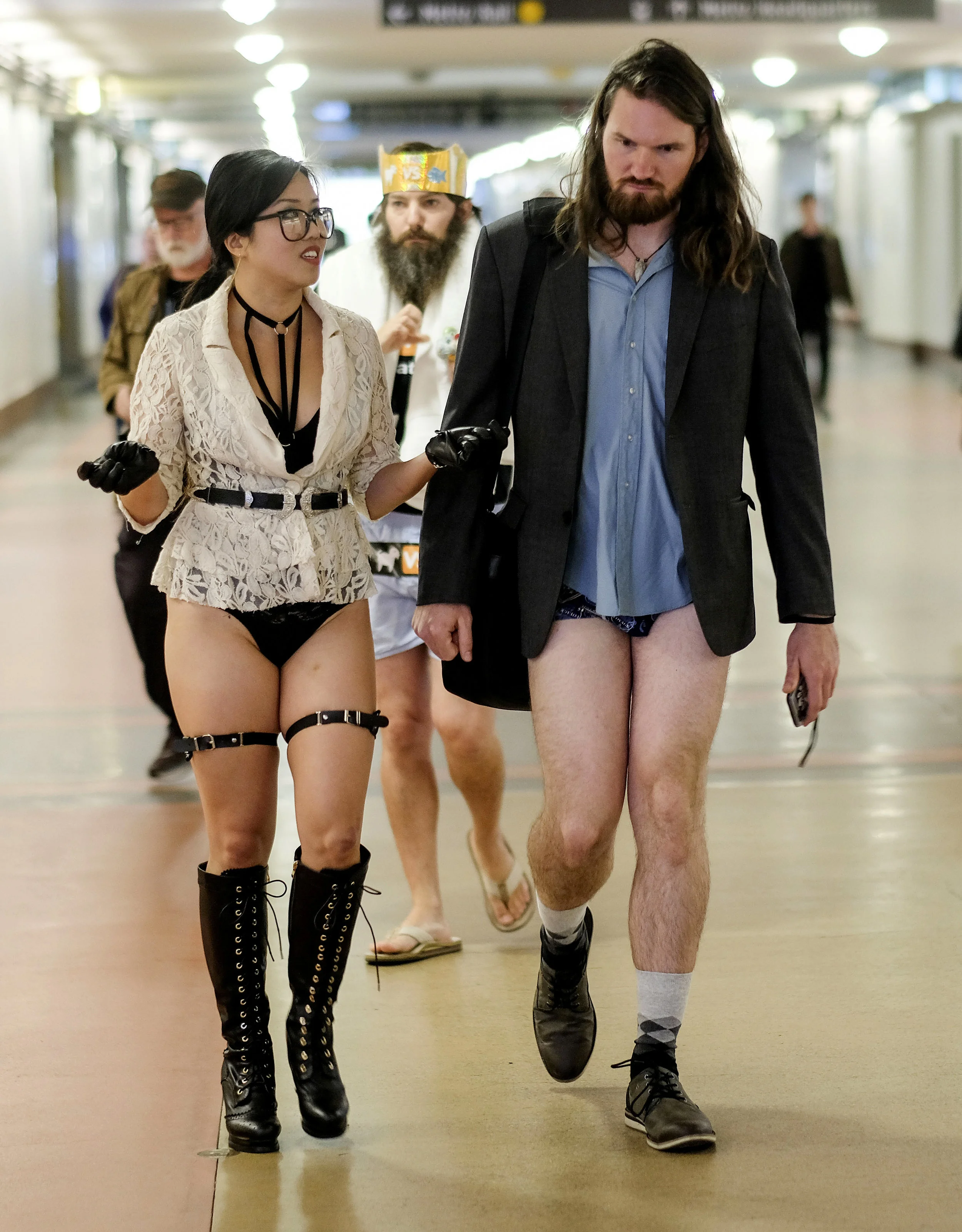  Participants in the 11th Annual No Pants Metro Ride at Union Station on January 13, 2019,  in Los Angeles. 