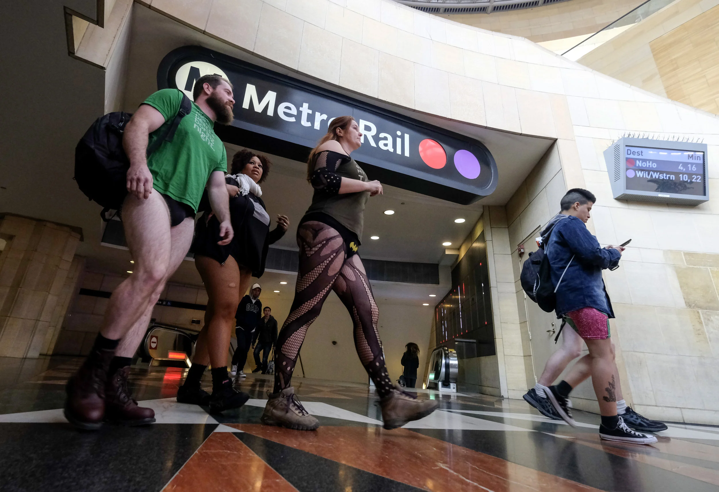  Participants in the 11th Annual No Pants Metro Ride at Union Station on January 13, 2019,  in Los Angeles. 