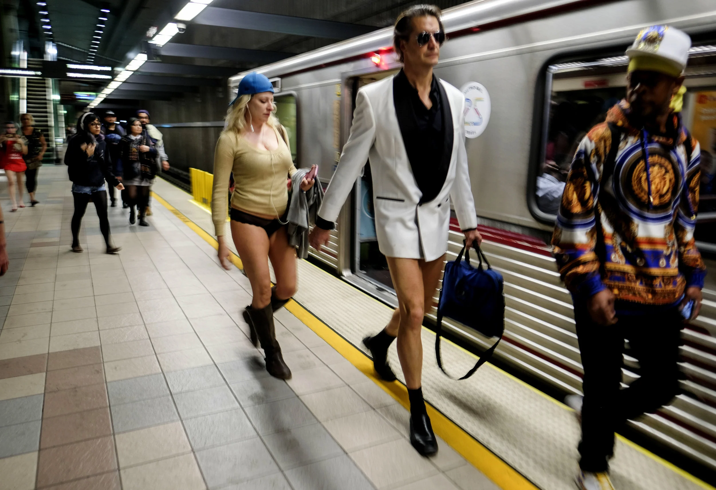  Participants in the 11th Annual No Pants Metro Ride at Union Station on January 13, 2019,  in Los Angeles. 