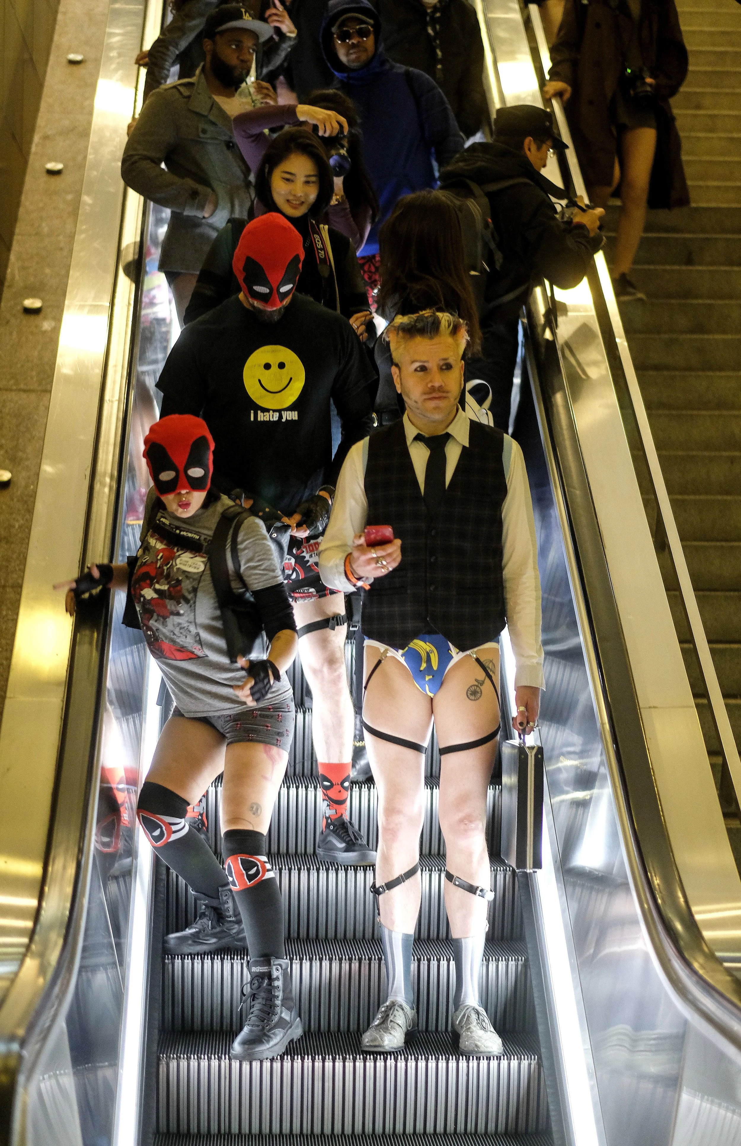  Participants in the 11th Annual No Pants Metro Ride at Union Station on January 13, 2019,  in Los Angeles. 