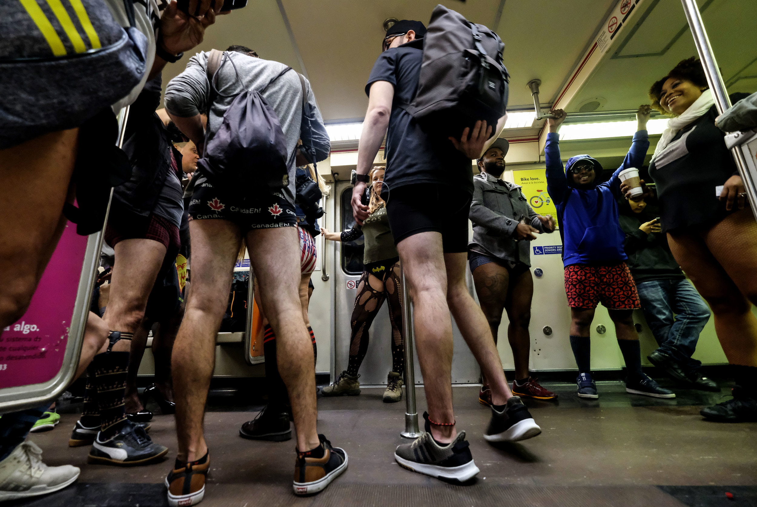  Participants in the 11th Annual No Pants Metro Ride at Union Station on January 13, 2019,  in Los Angeles. 