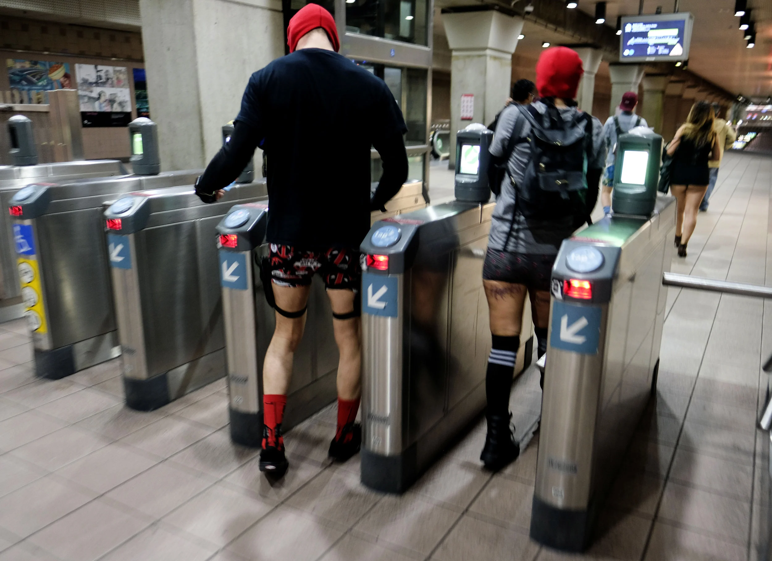  Participants in the 11th Annual No Pants Metro Ride at Union Station on January 13, 2019,  in Los Angeles. 