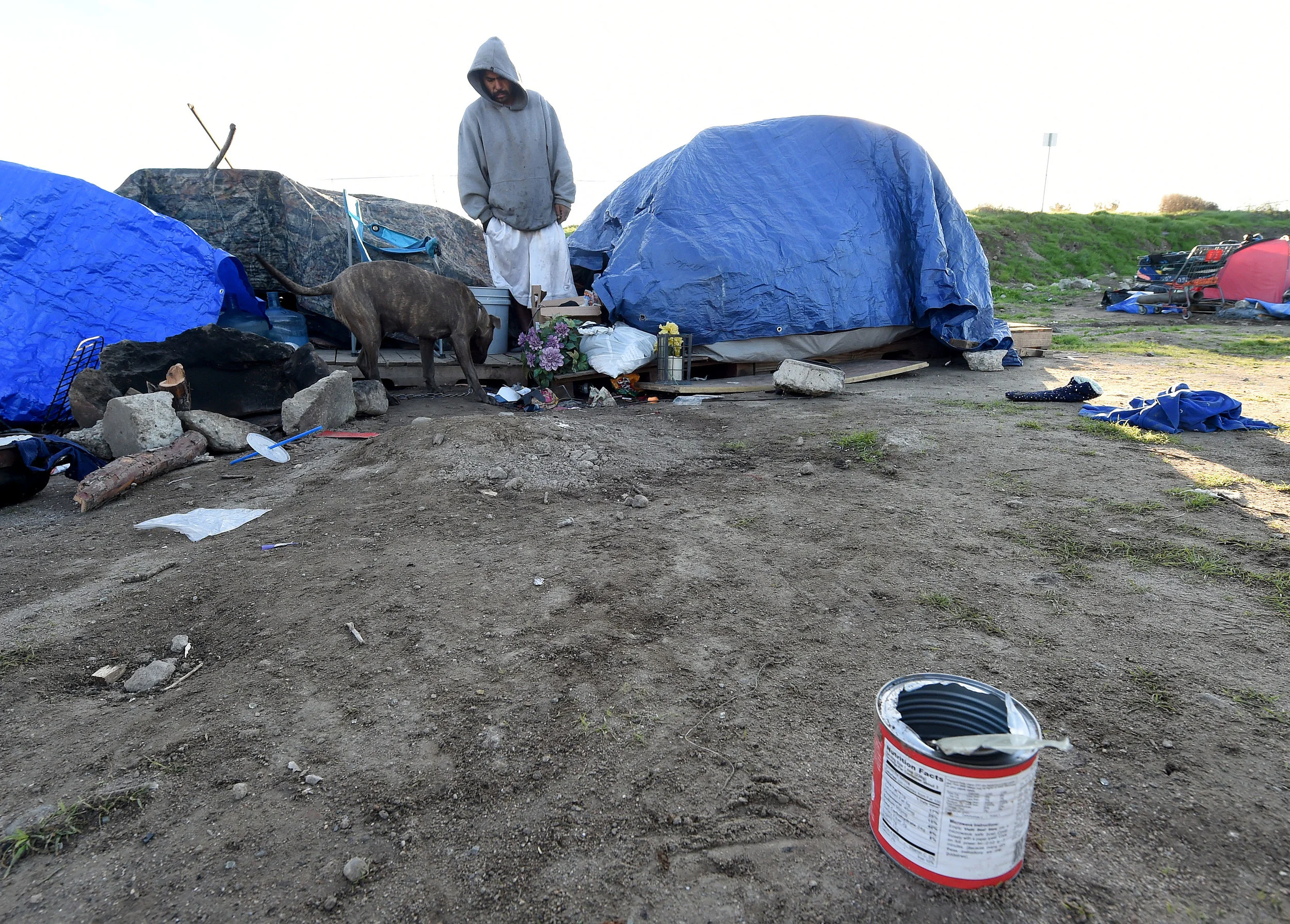  A homeless man stands outside his tent, along with his dog, in a homeless camp off of 9th Street in San Bernardino during the San Bernardino County 2019 Point-in-Time Homeless Count in downtown San Bernardino Thursday morning, January 24, 2019. The 