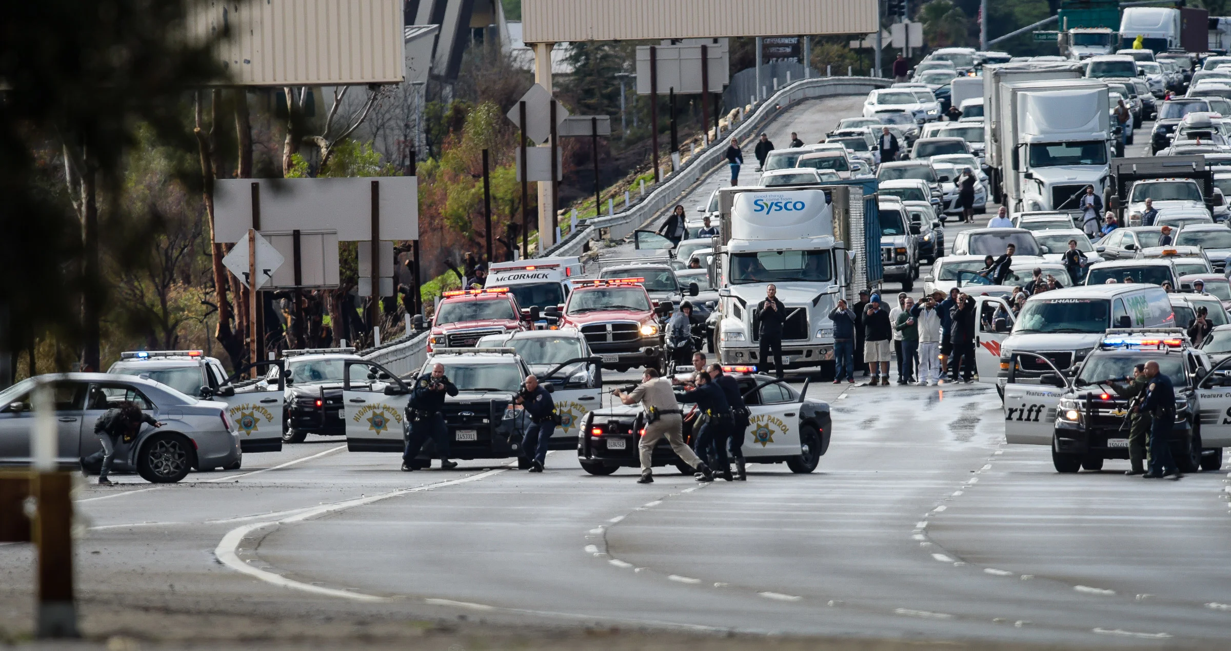 Dimas Diaz Jr., 43, of Santa Barbara is shot by law enforcement officers following a pursuit and standoff on Highway 101 at the Las Virgenes Road exit in Calabasas on Jan. 12, 2019.