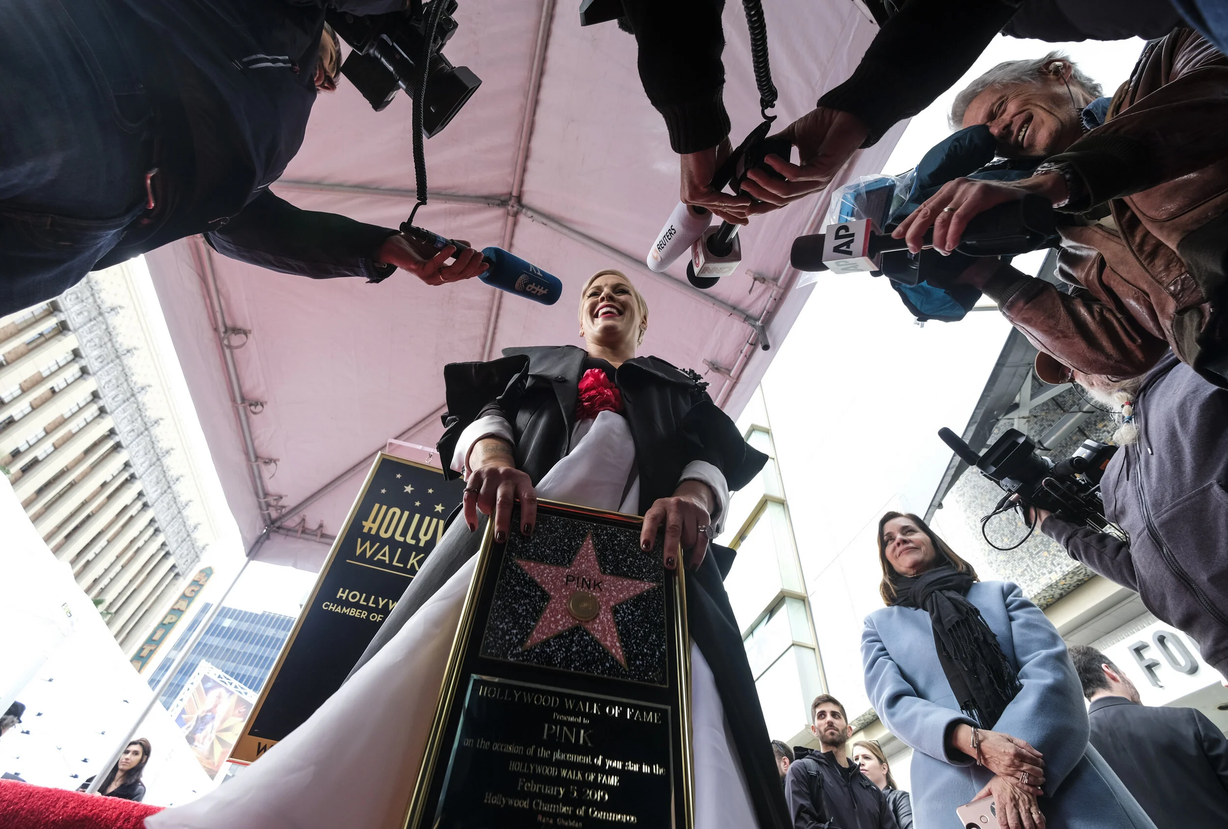  Singer Pink is interviewee by media after her star ceremony on the Hollywood Walk of Fame Star Ceremony in Los Angeles, the United States, on Feb. 5, 2019. Pink was honored with a star on the Hollywood Walk of Fame on Tuesday. 