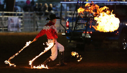  Trick roper Rider Kiesner performs for the crowd during the second annual Yucaipa Rodeo at  Yucaipa Equestrian Center under the new Dottie Potter Memorial Arena cover in Yucaipa on Friday, April 5, 2019.  