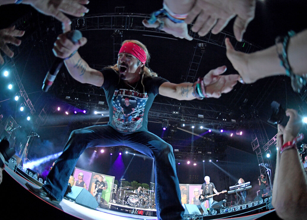 Bret Michaels greets fans as he performs before an enthusiastic crowd on the Palomino Stage on the opening day of the Stagecoach Country Music Festival at the Empire Polo Club in Indio Friday, April 26, 2019.  