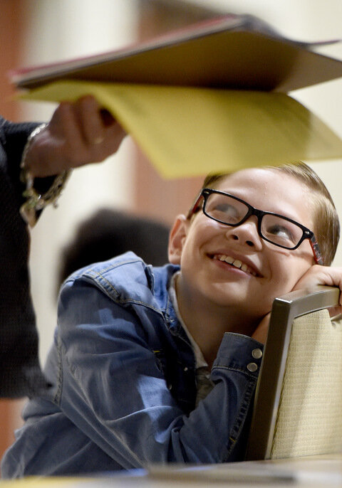  Sycamore Academy sixth grader Jacob Rhodes, 11, smiles as he looks up towards judge Tina Burr as she judges his entry during the Riverside County Science and Engineering Fair at the Riverside Convention Center Tuesday, April 2, 2019. Approximately 5