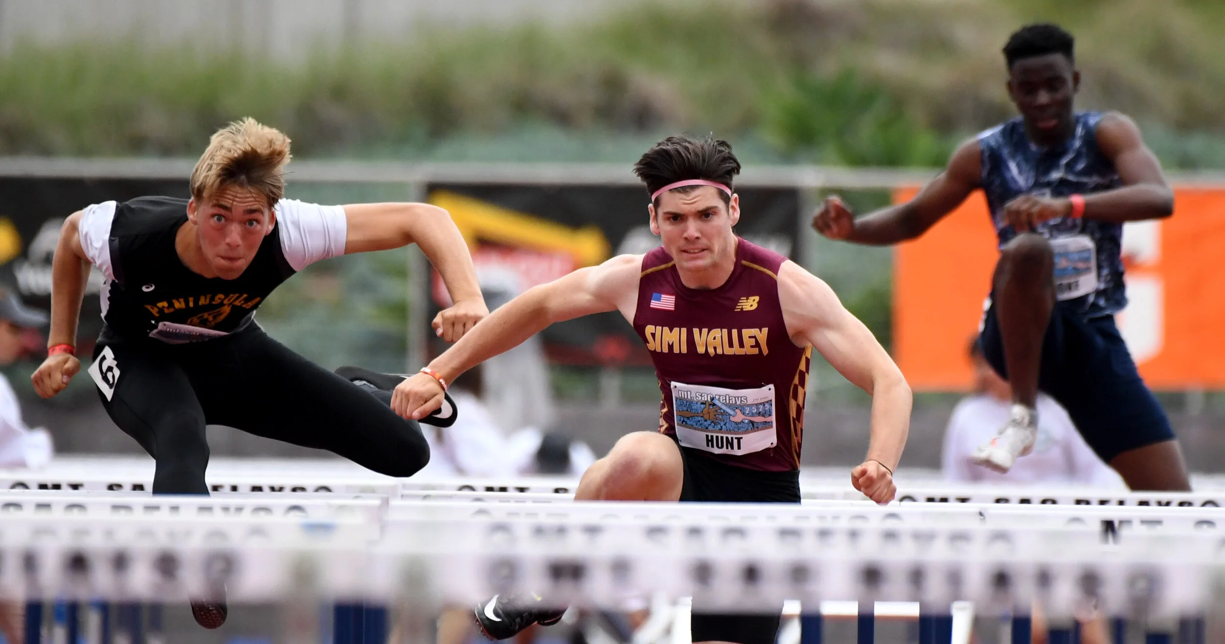 Riley Hunt of Simi Valley wins the 110 meter hurdles invitational during the Mt. SAC Relays at El Camino College on Saturday, April 20, 2019 in Torrance, California. 