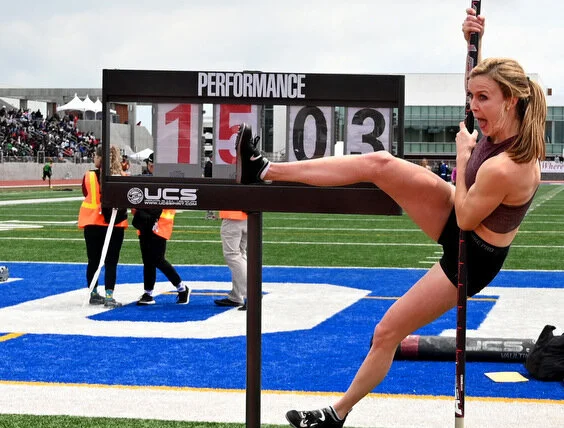  Annie Rhodes-Johnigan celebrates her winning height of 15-03.00 in the WomenÕs Pole Vault Invitational during the Mt. Sac Relays at El Camino College on Saturday, April 20, 2019 in Torrance, California.  