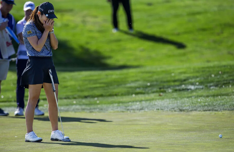  Amy Lee reacts after missing a short putt on the 18th green that would of keep her tied with Jillian Hollis during the Symetra Tour IOA Championship at Morongo Golf Club at Tukwet Canyon in Beaumont on Sunday, March 31, 2019.  