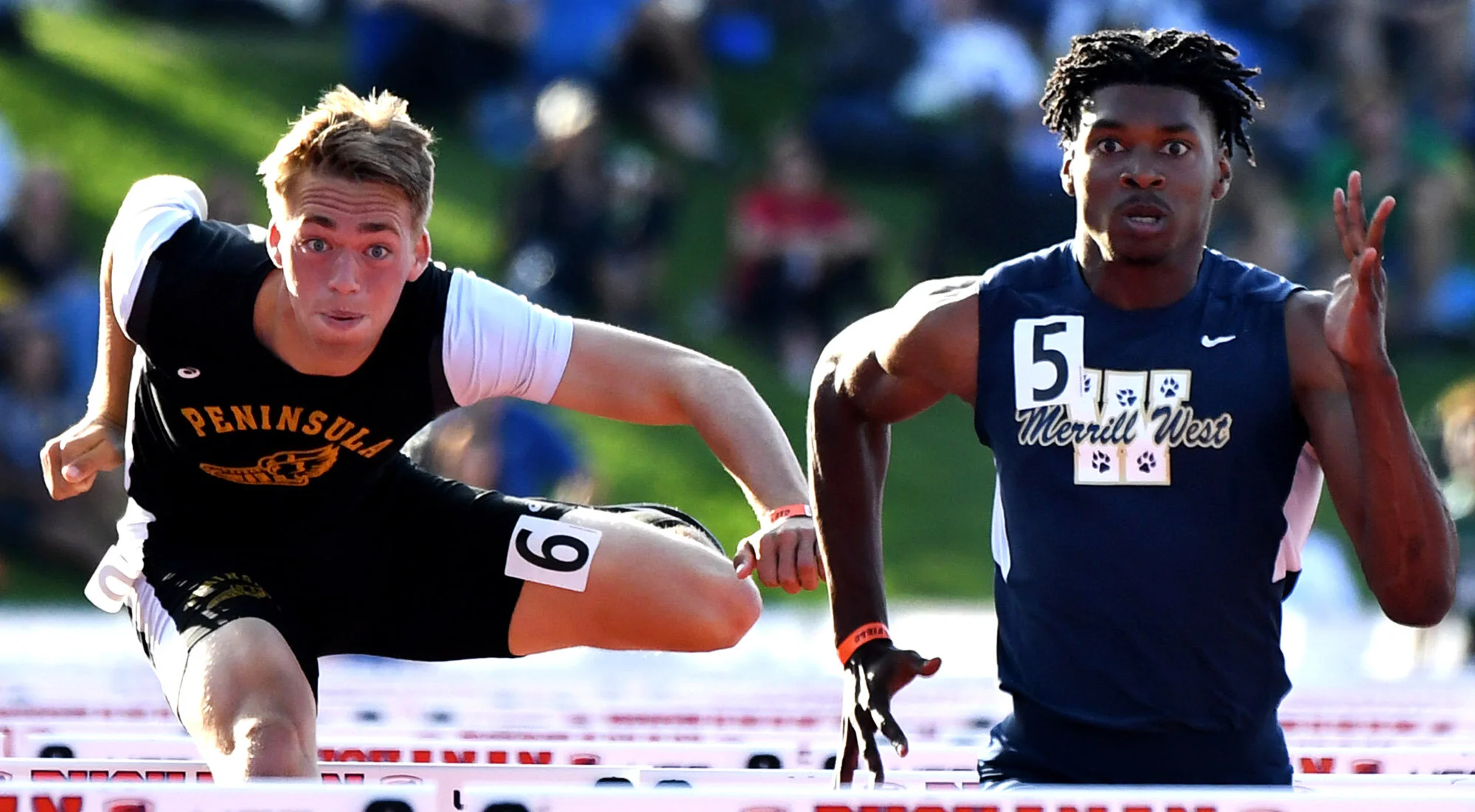  Aiden Lieb competes in the 110 hurdles during the CIF State Track and Field meet at Buchanan High School on Friday, May 24, 2019 in Clovis, California.  
