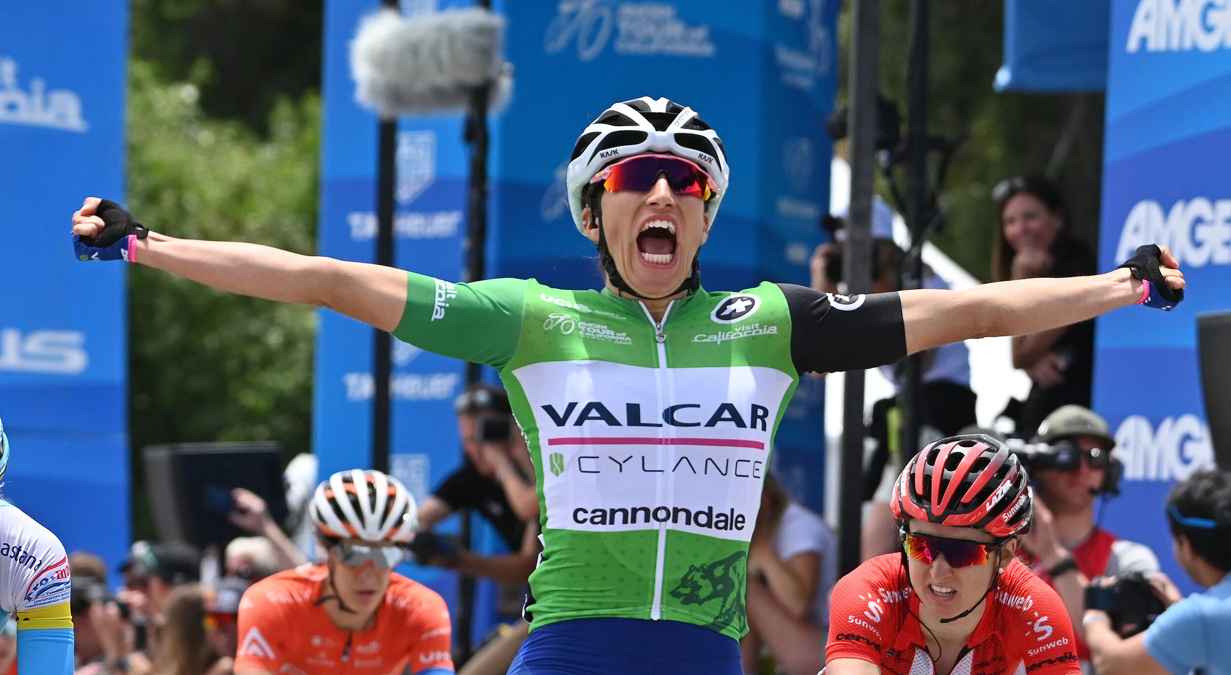  Final stage winner Elisa Balsamo of Valcar Cylance Cycling celebrates as she crosses the finish line first in the final stage of the AMGEN Tour of California at the Rose Bowl on Saturday, May 18, 2019 in Pasadena, California.  