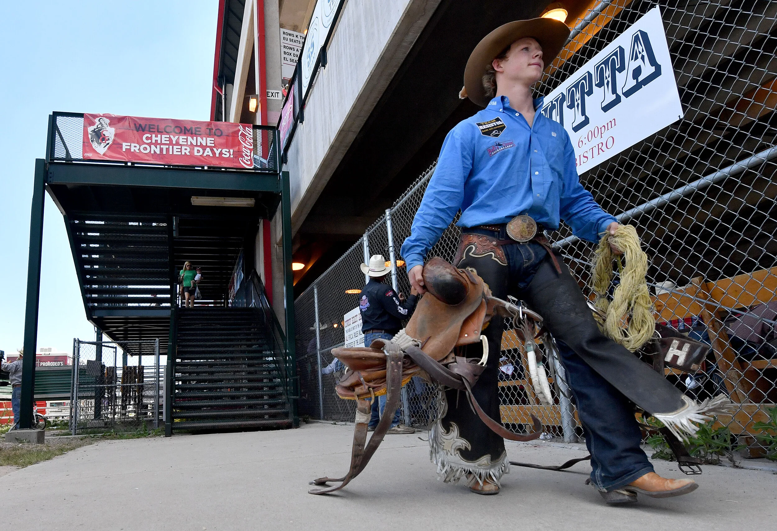  Saddle Bronc rider Dawson Hay leaves Frontier Park after competing Tuesday July 23, 2019 at the 123rd Cheyenne Frontier Days in Cheyenne, Wyoming.  