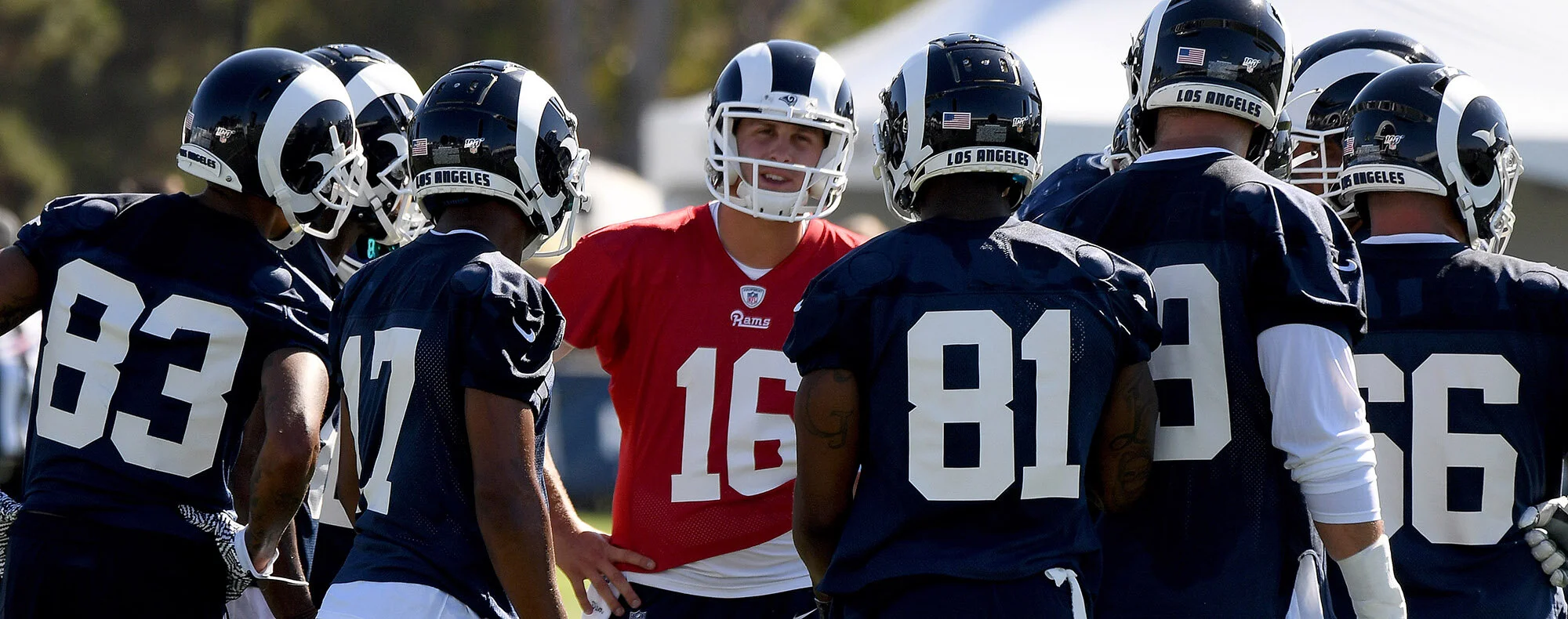 Quarterback Jared Goff #16 of the Los Angeles Rams during the Los Angeles Rams training camp on the campus of UC Irvine on Saturday, July 27, 2019 in Irvine, California.  