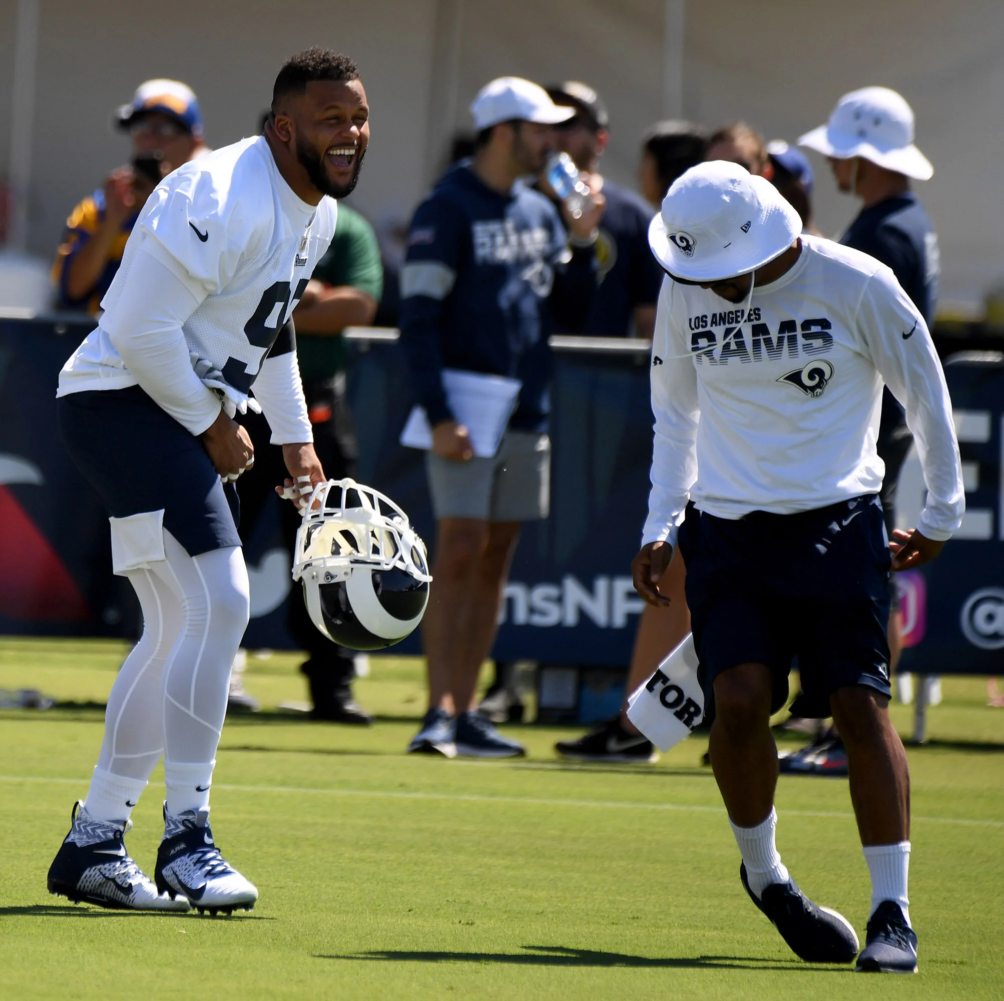  Defensive end Aaron Donald #99 of the Los Angeles Rams during the Los Angeles Rams training camp on the campus of UC Irvine on Saturday, July 27, 2019 in Irvine, California.  