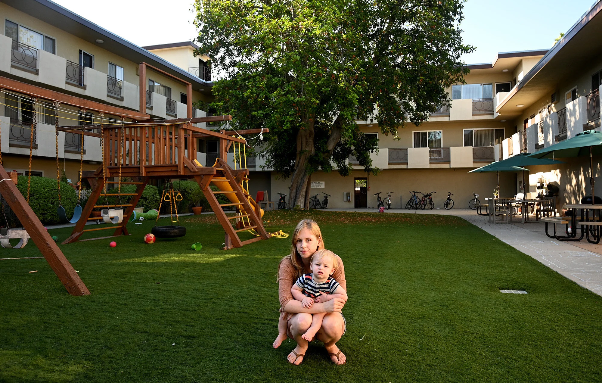  Riley Garton with her 10 month old son, Indigo Reider at the playground where Roundup had been sprayed. Garton has complained to Caltech to stop using the herbicide that contains glyphosate on Wednesday, July 17, 2019 in Pasadena, California. 