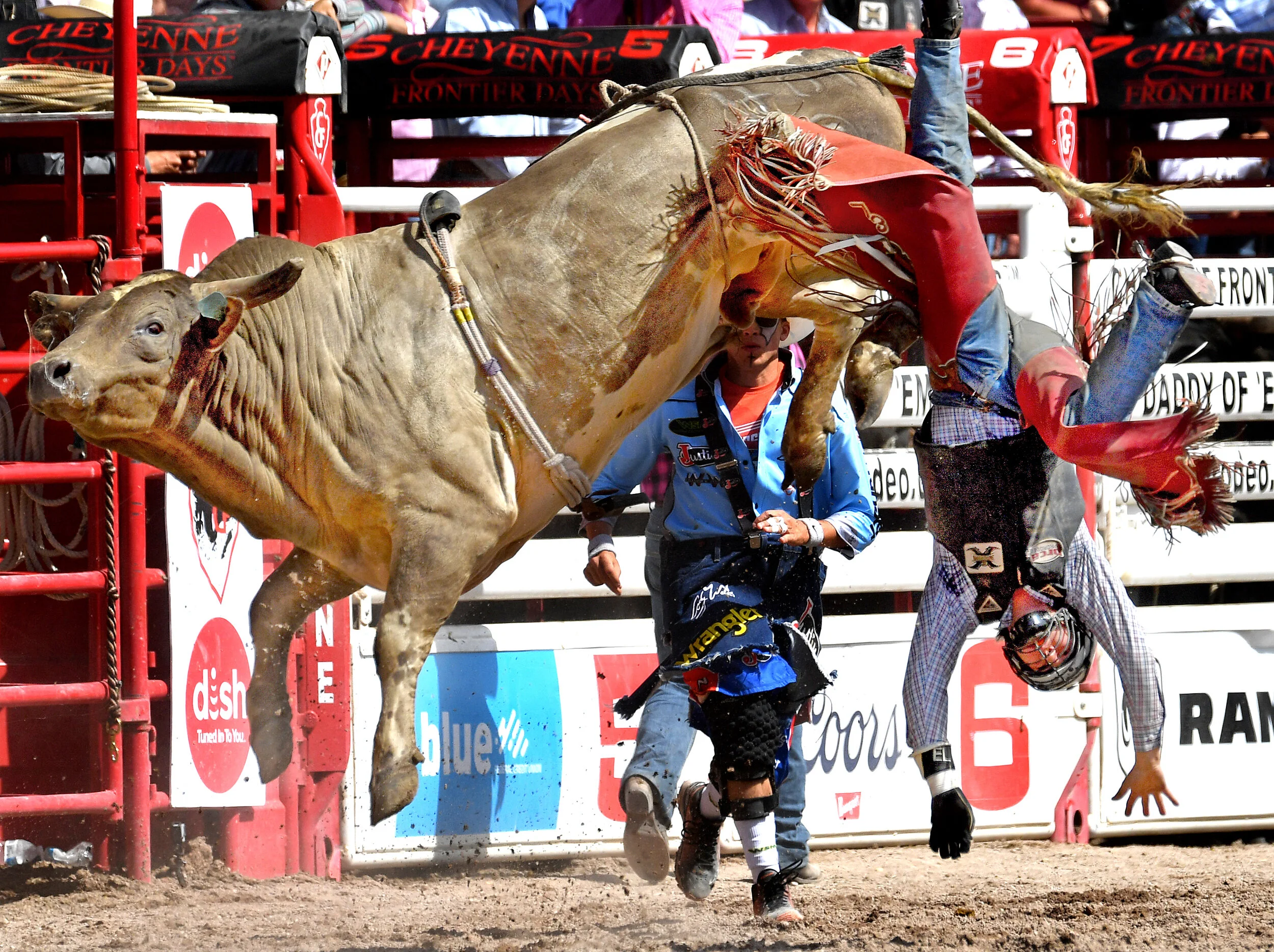  Bull rider Ethan Lesiak, from Clarks, Nebraska, gets thrown by Party Rock Thursday July 25, 2019 during the 123rd Cheyenne Frontier Days Rodeo in Cheyenne, Wyoming.  