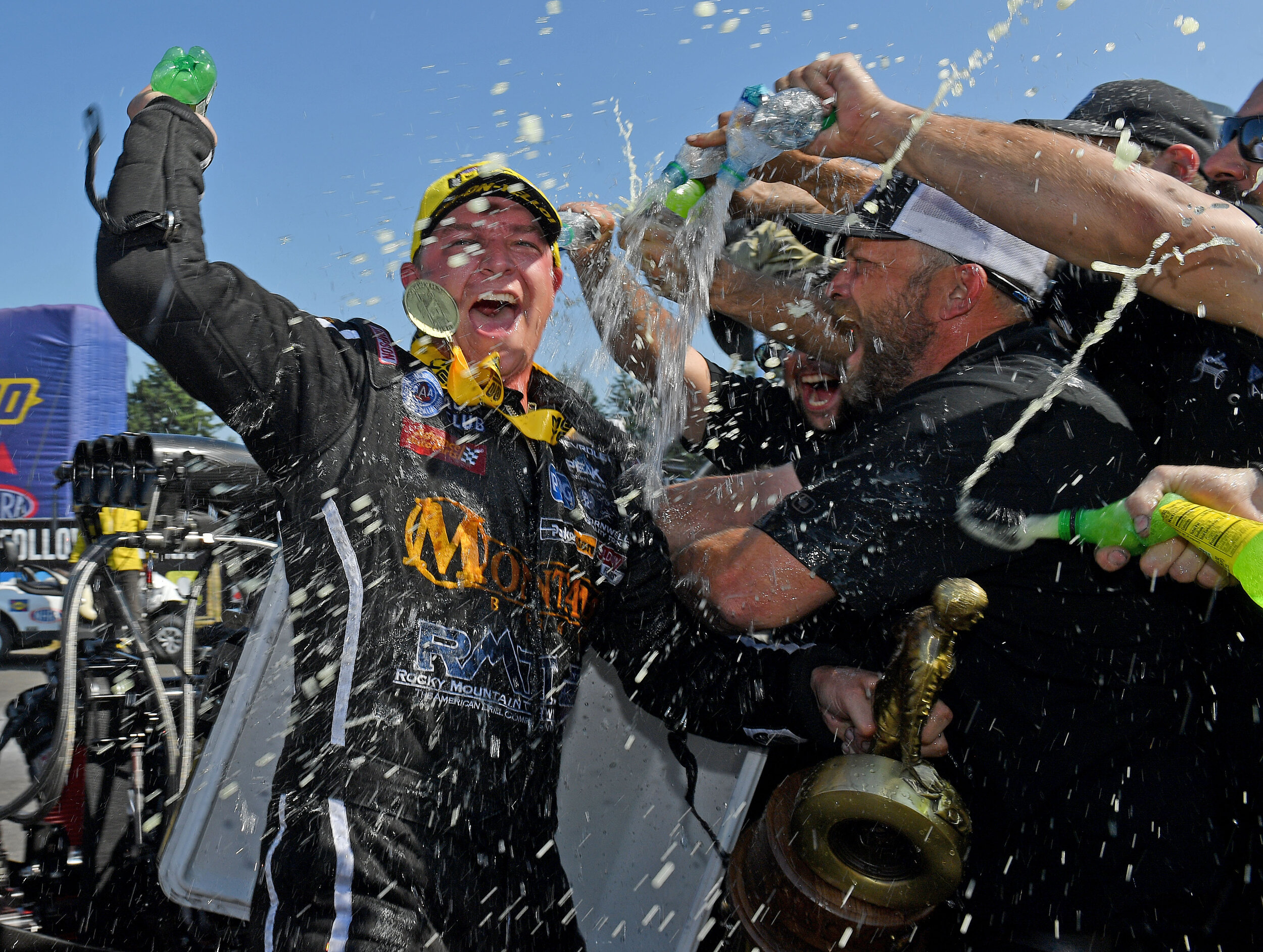  First time Top Fuel winner Austin Prock celebrates with his crew after defeating Steve Torrence in the final round Sunday August 4, 2019 at the NHRA Northwest Nationals at Pacific Raceway in Kent, Washington. 