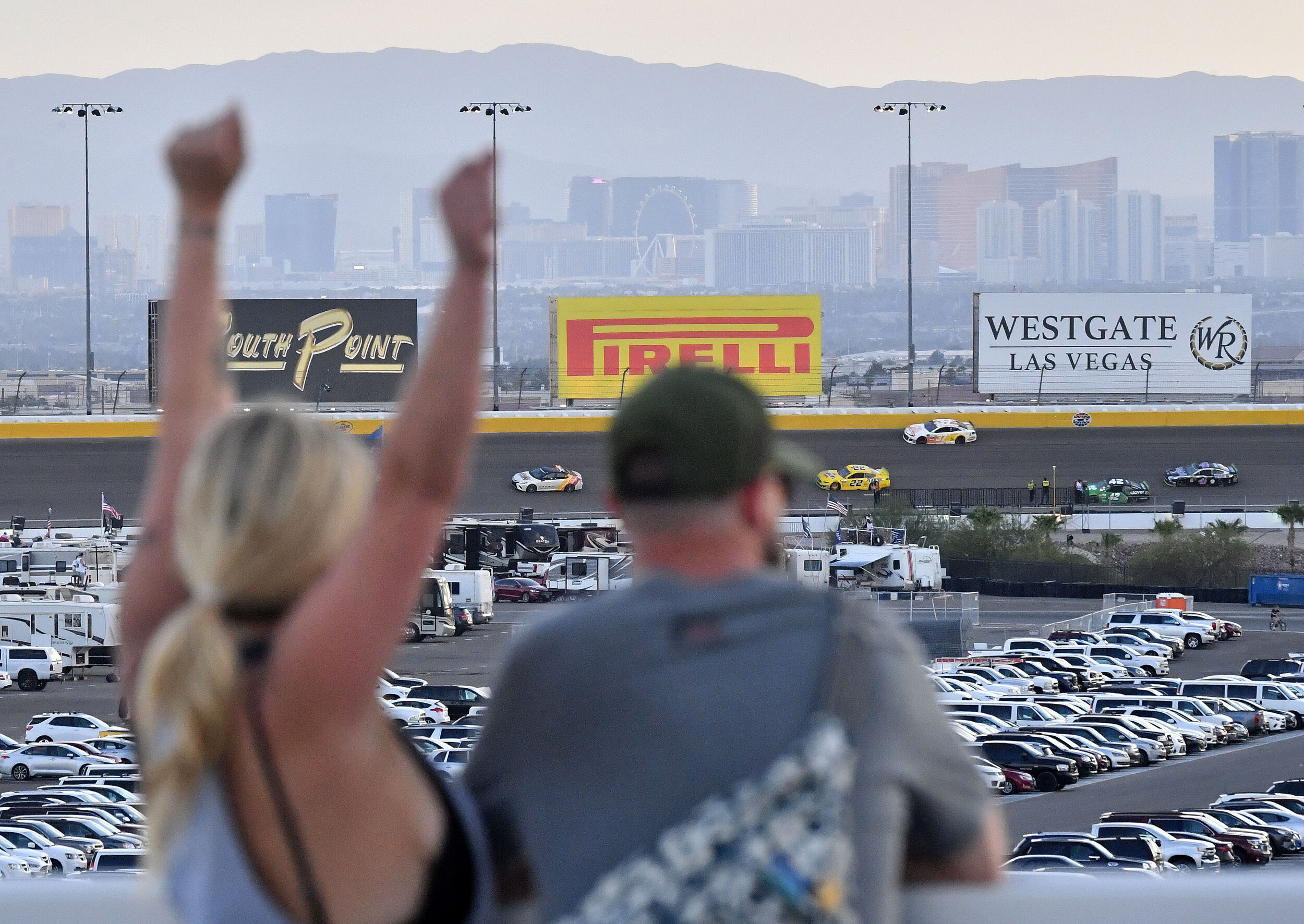  Race fans watch the NASCAR Cup Series South Point 400 playoff race from the Turn 4 Turn Up area Sunday Sept. 15, 2019 at Las Vegas Motor Speedway in Las Vegas, Nevada.  