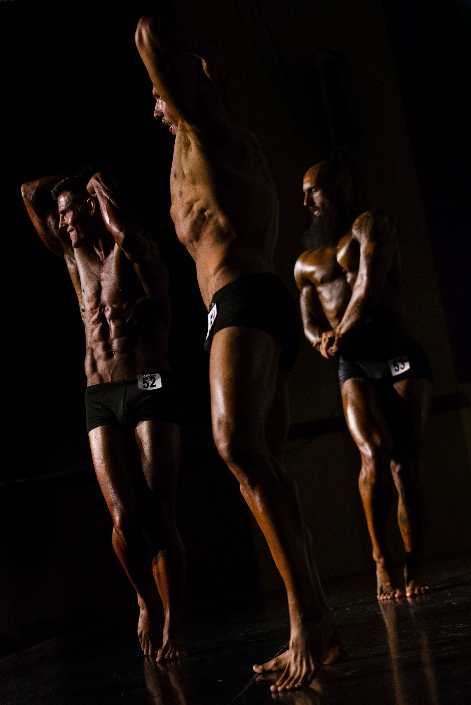  Classic Physique competitors from left Justin McDonald, Alex Bryant and Bronson Richardson competes in the Southern California Natural Bodybuilding & Fitness Championships at  Civic Center Theater in Corona on Saturday, June 22, 2019.  