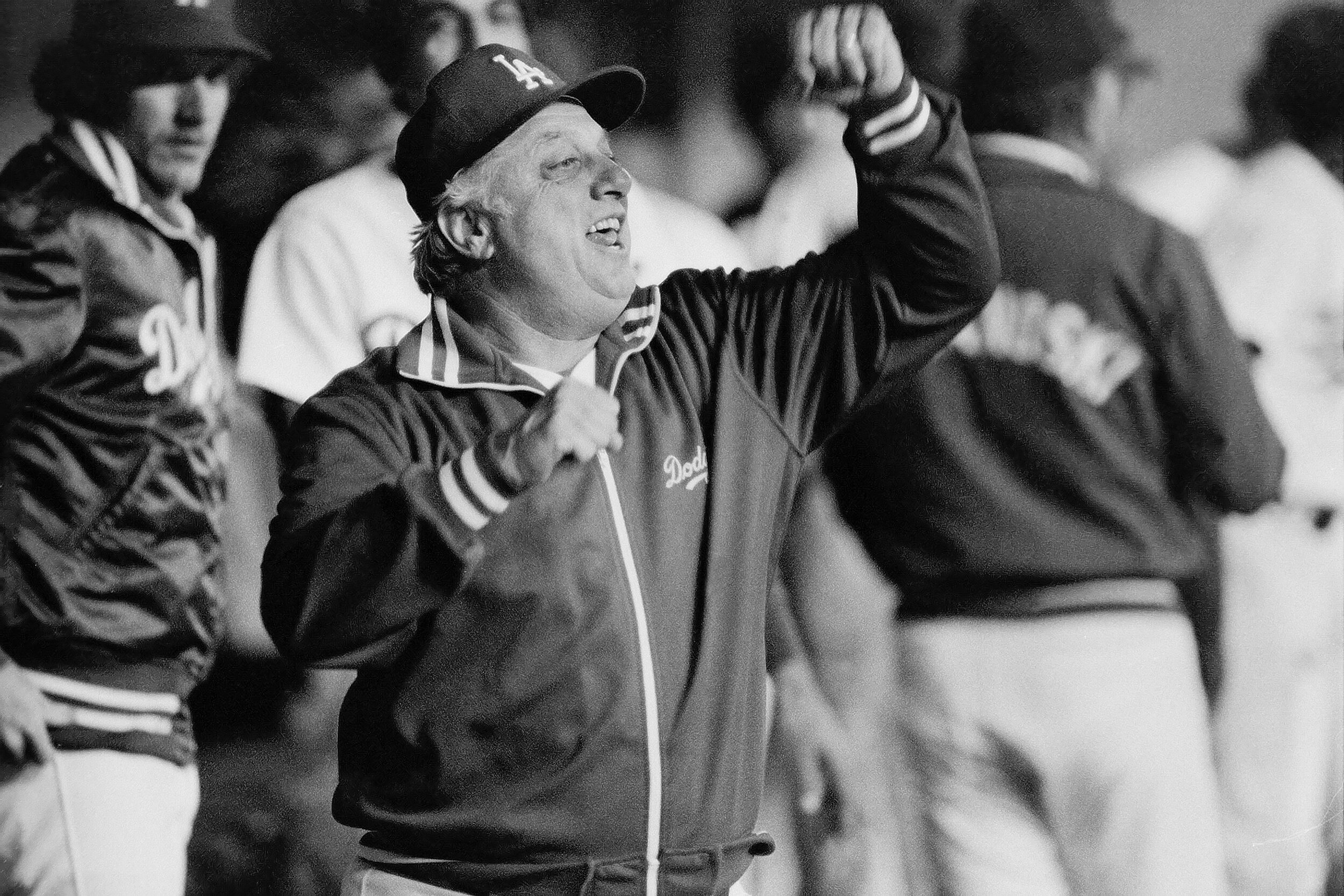  LOS ANGELES, CA - April 26, 1981:  Tommy Lasorda #2, manager of the Los Angeles Dodgers, cheers in the dugout during a game against the San Diego Padres at Dodger Stadium, Los Angeles, California. (Photo by Jayne Kamin-Oncea/Getty Images) 
