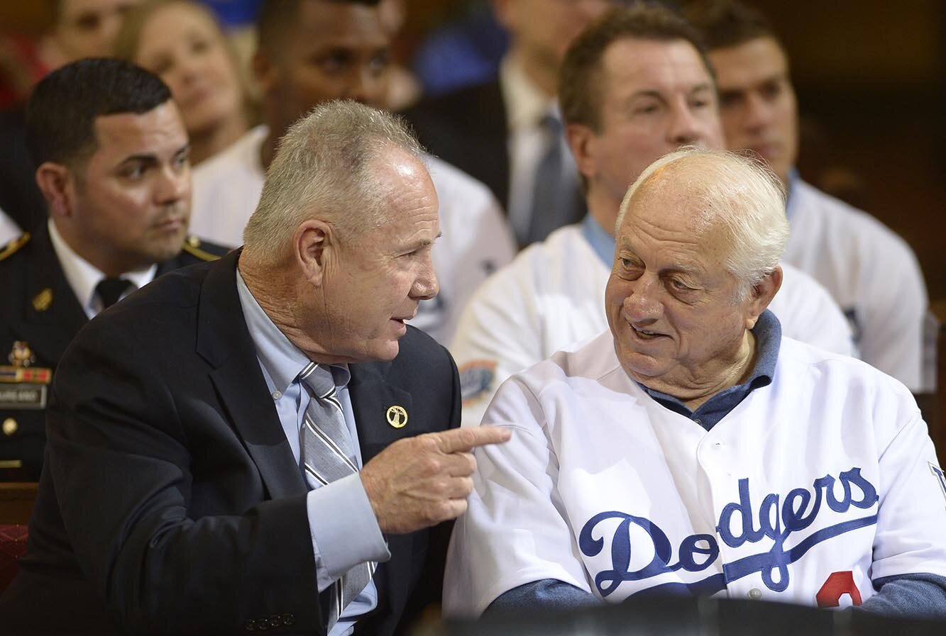  Councilman Tom LaBonge talks with former Dodger Manager Tommy Lasorda. The L.A. City Council, led by Councilman Gil Cedillo, recognized the Dodgers for their continued commitment to the communities of Los Angeles. The Dodgers were joined in chambers