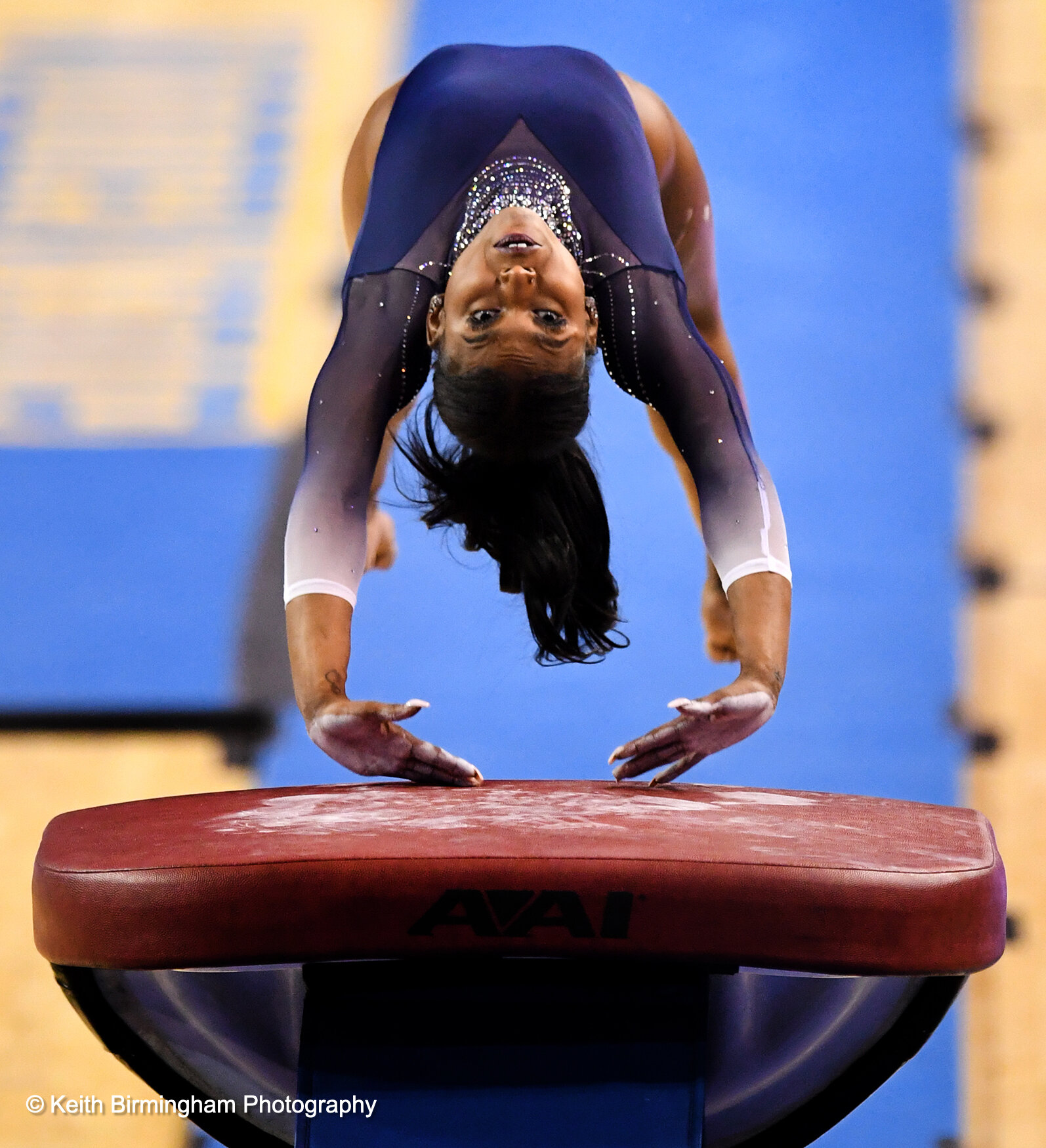  UCLA Bruins gymnast Nia Dennis competes in the vault against the Arizona State Wildcats during the season opener in Pauley Pavilion on the campus of UCLA in Los Angeles on Saturday, January 23, 2021. (Photo by Keith Birmingham, Pasadena Star-News/ S