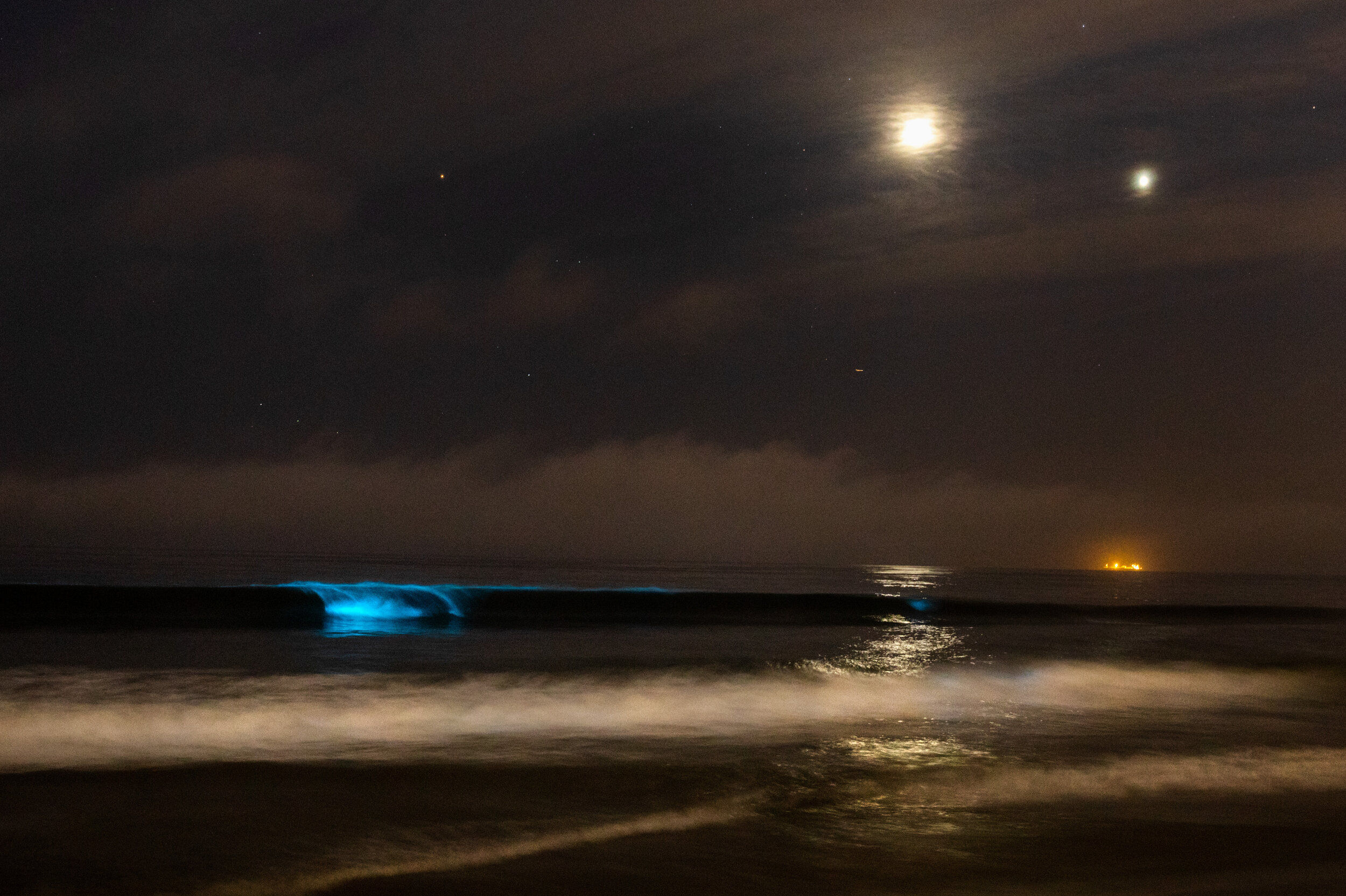  Bioluminescent waves glow off the coast of Hermosa Beach, CA, Sunday, April 26, 2020. The phenomenon is associated with a red tide, or an algae bloom, filled with dinoflagellates which react with bioluminescence when jostled by the moving water. Dur