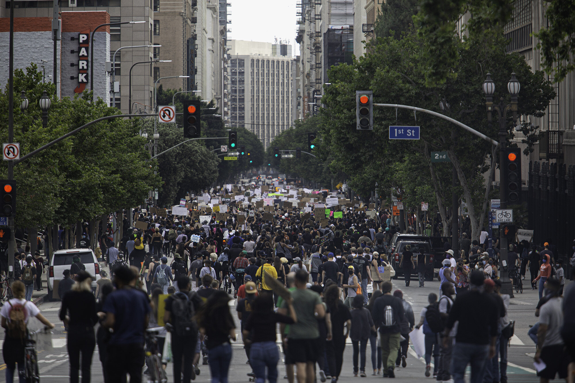  Thousands of protestors marching from City Hall through Downtown Los Angeles during a demonstration and demanding justice for George Floyd on Tuesday, June 2,2020 in Los Angeles, Calif. 