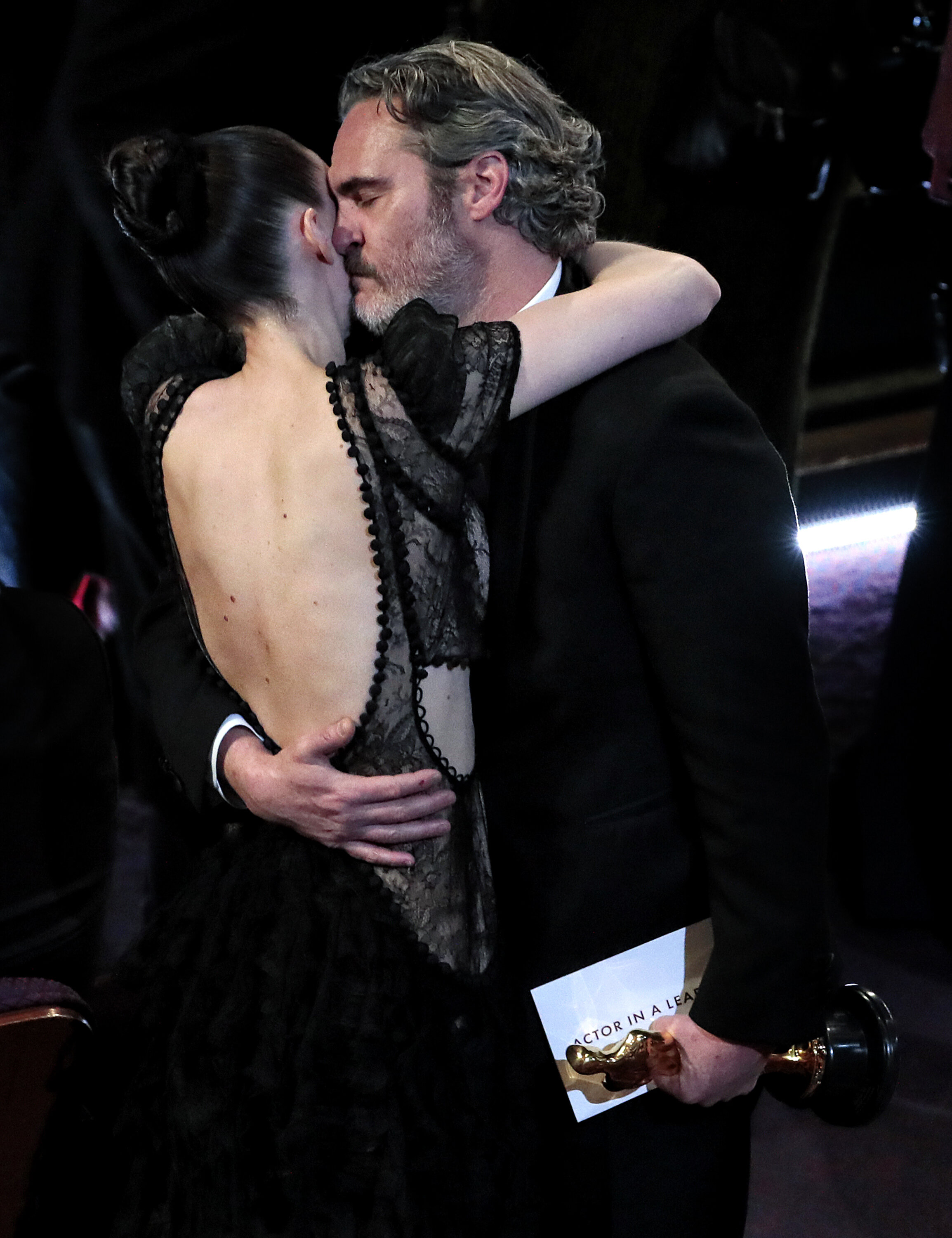 Joaquin Phoenix hugs girlfriend Rooney Mara after winning the Oscar for Actor In a Leading Role at the Dolby Theater in Los Angeles, Sunday, February 9, 2020. 