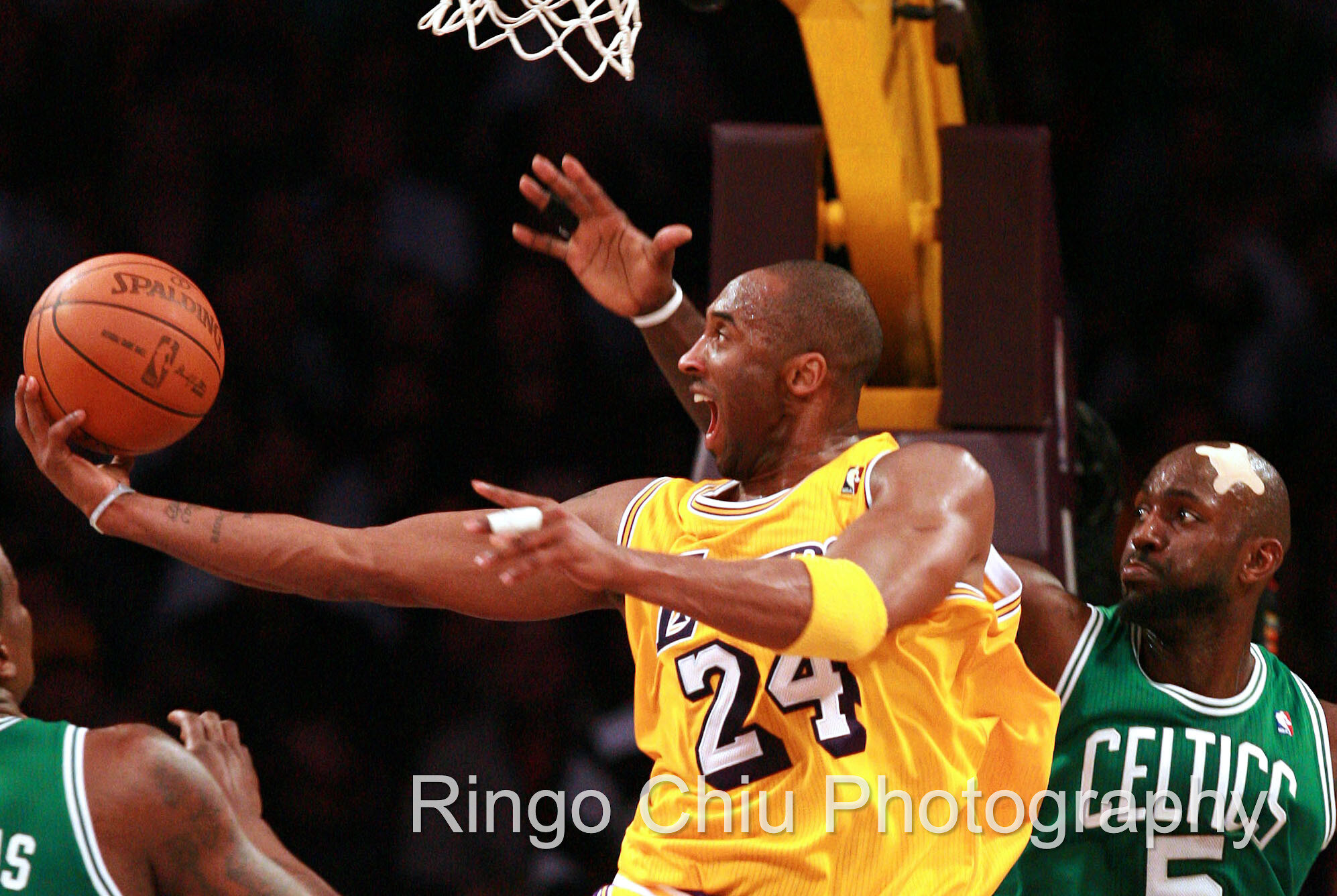  Kobe Bryant of Los Angeles Lakers goes up against Kevin Garnett of Boston Celtics during a NBA game on January 30, 2011 at Staples Center in Los Angeles. 