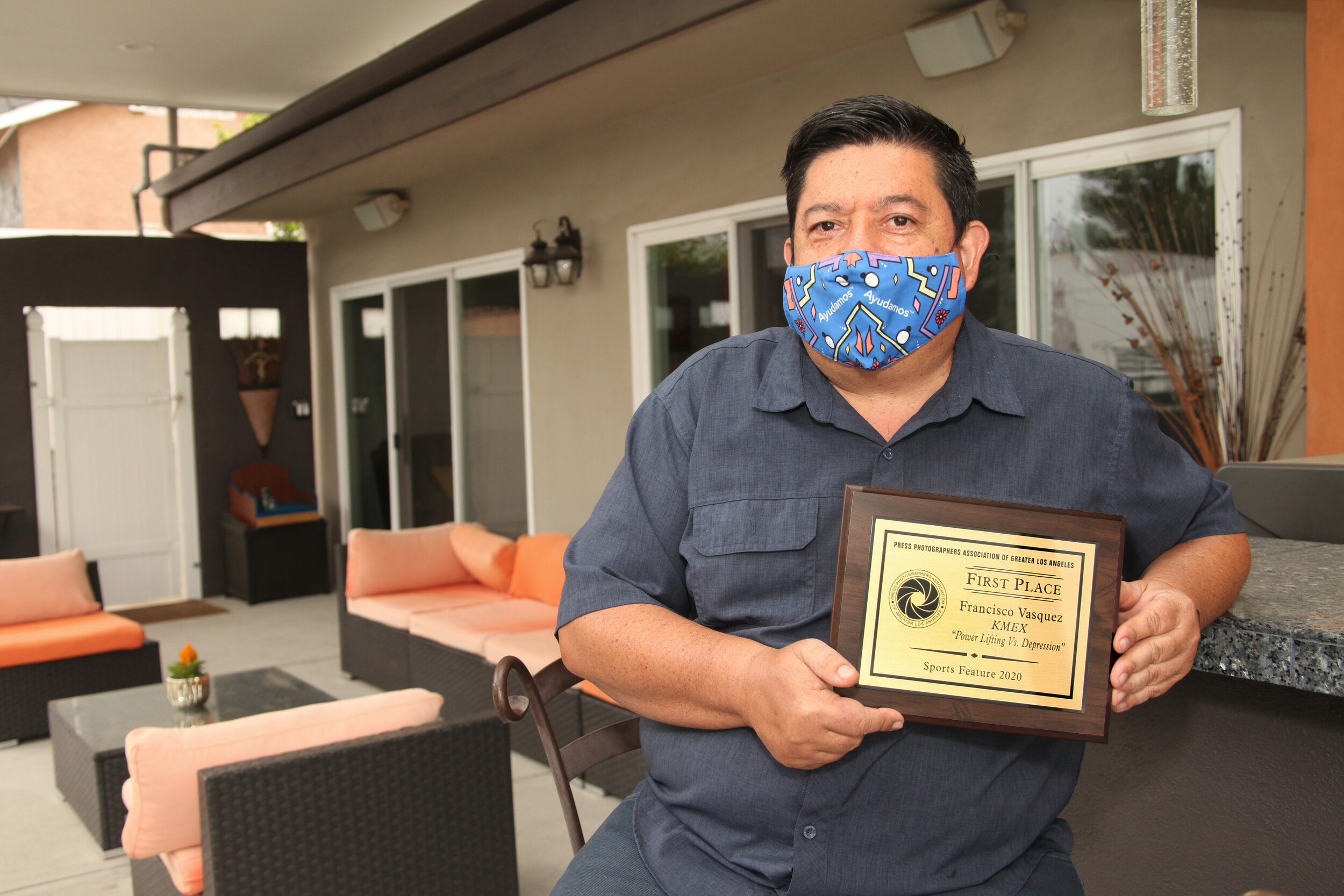  Francisco Vasquez, KMEX. First place for Sports feature. He's sitting in his beautiful backyard patio of his Granada Hills home., a place that would be ideal for next year's PPAGLA awards! 