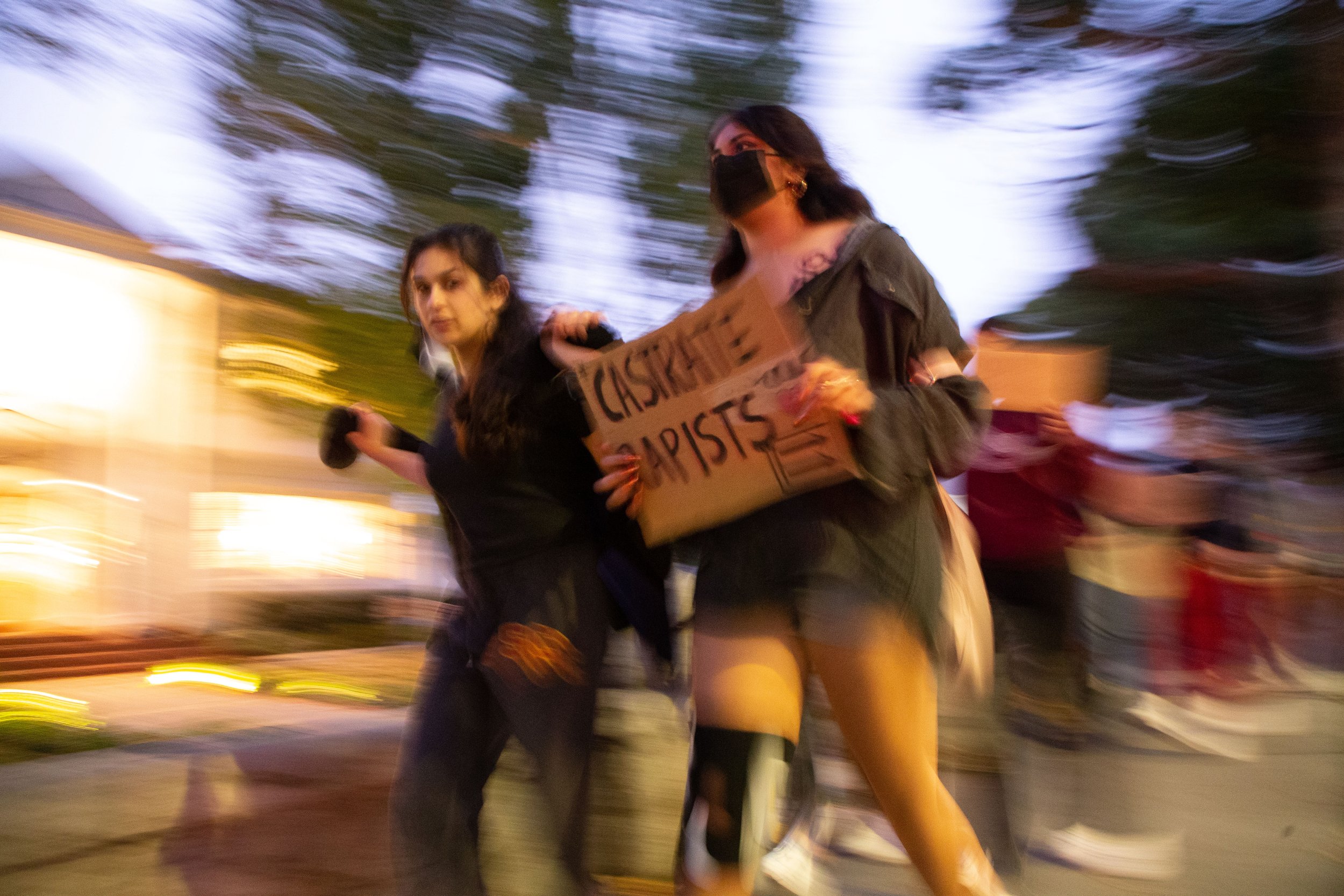  Students walk from the USC village to the Sigma Nu Fraternity house on Oct. 22, 2021. Hundreds of USC students participated in the protest after the fraternity was placed on suspension for numerous reports of sexual assault occurring at the house. (