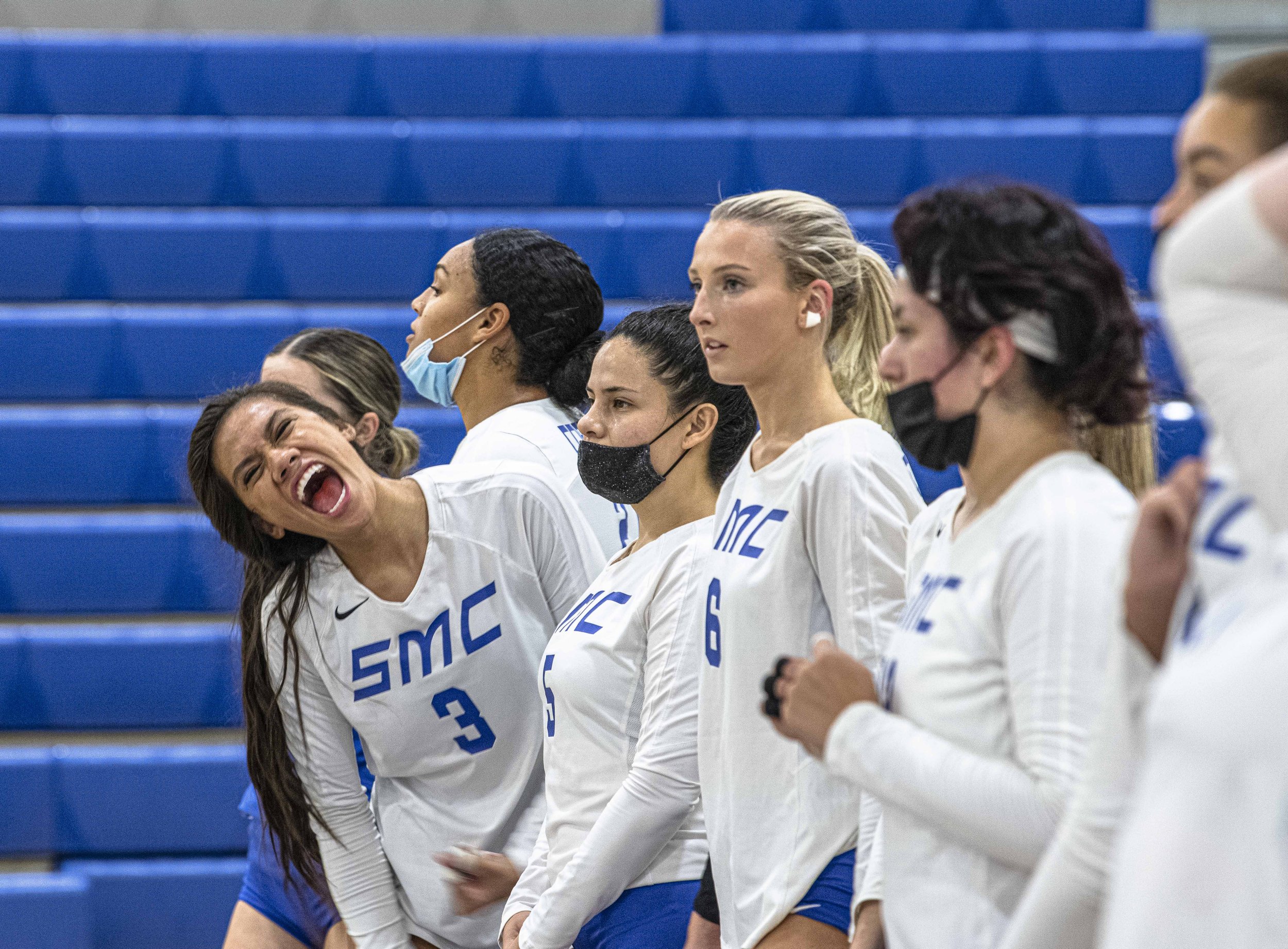  Santa Monica College Corsairs freshman Lupe Pulotu (3) yells in excitement as teams line up to announce staters before their game with Citrus College Wednesday, Nov. 3, 2021 at Santa Monica College in Santa Monica, Calif. 