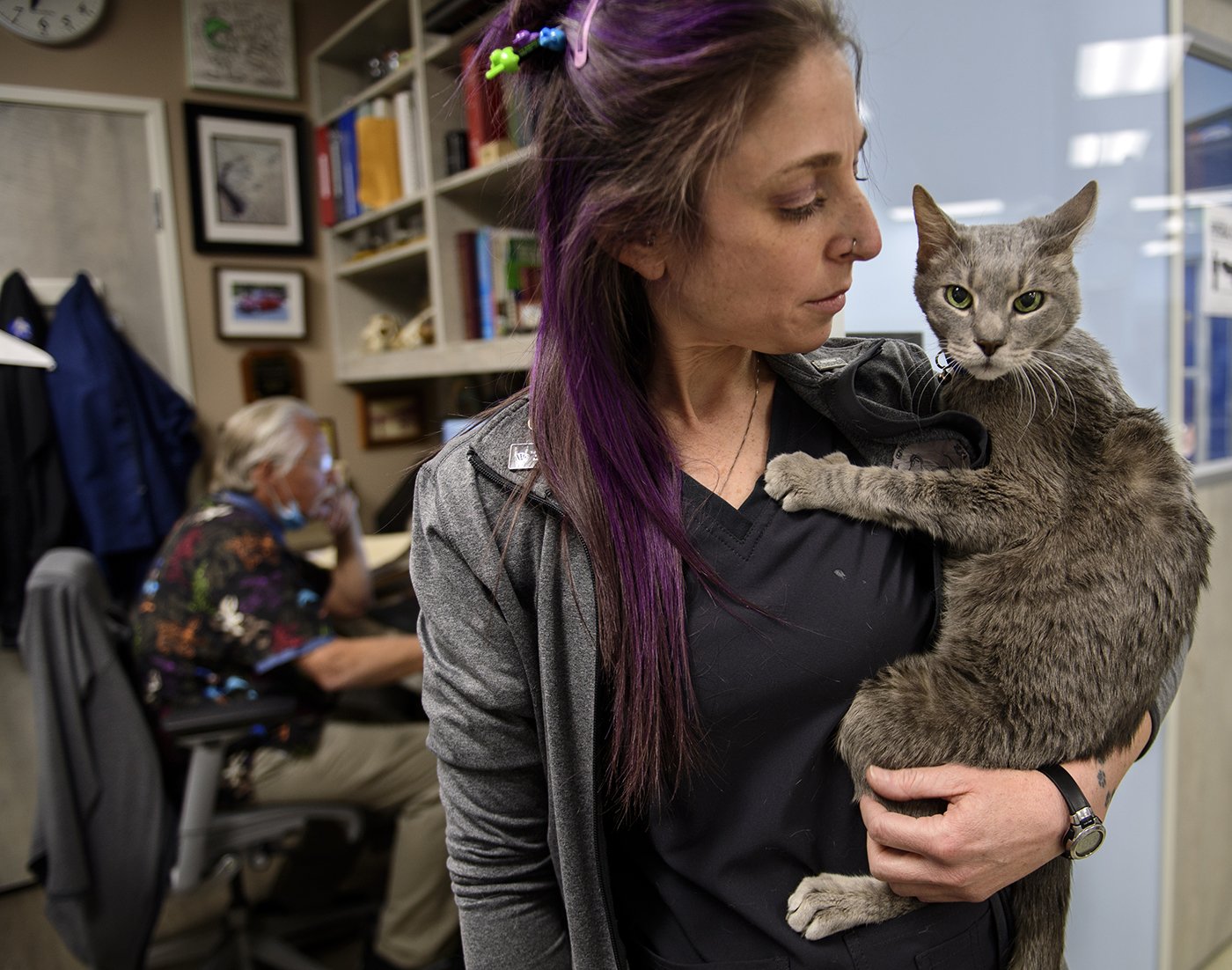  Vet tech Lauren Genger holds Butters, her sweet-tempered cat on Monday, March 1, 2021 at Serrano Animal Hospital. Butters served as a therapy pet, giving “hugs” to staff members in need. He died a few weeks after this photo was taken, sending Genger
