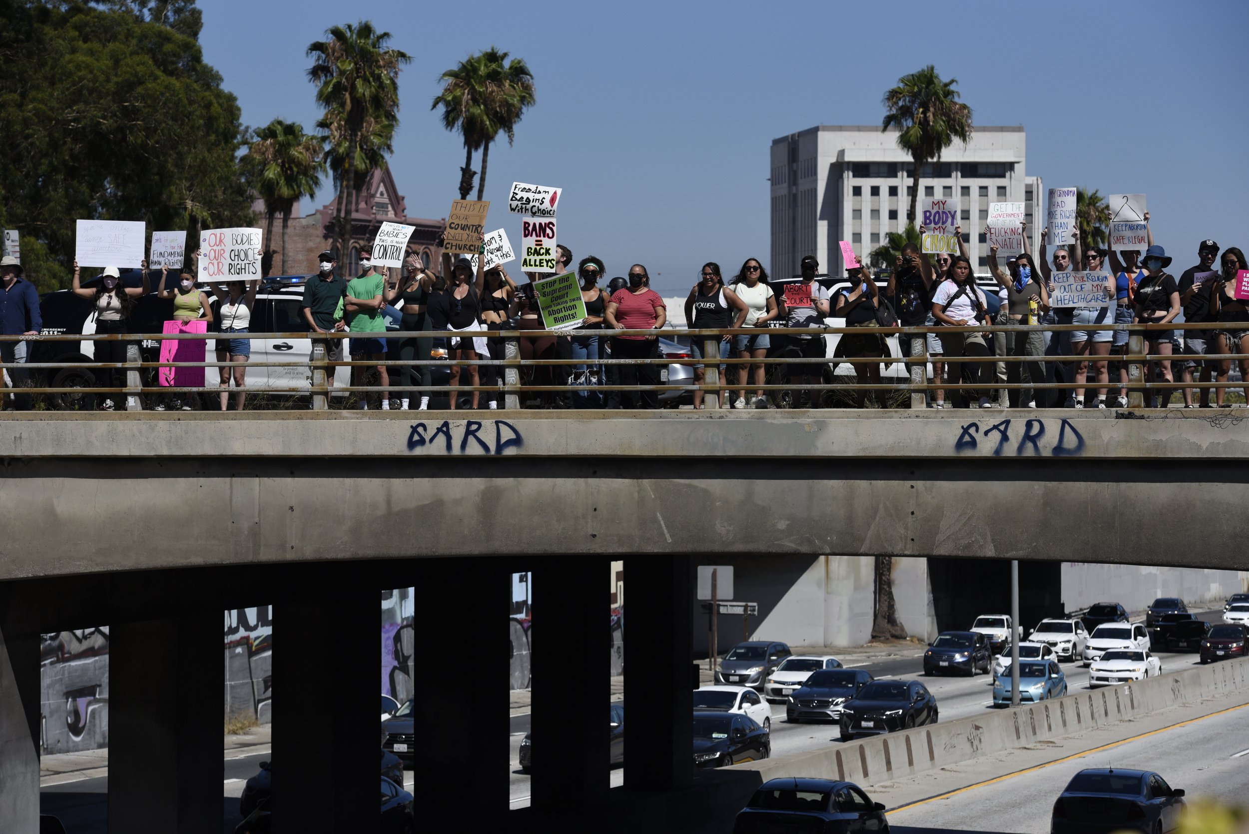  Protestors on the overpass of the 110 fwy on Saturday, June 25 in Los Angeles, CA. 