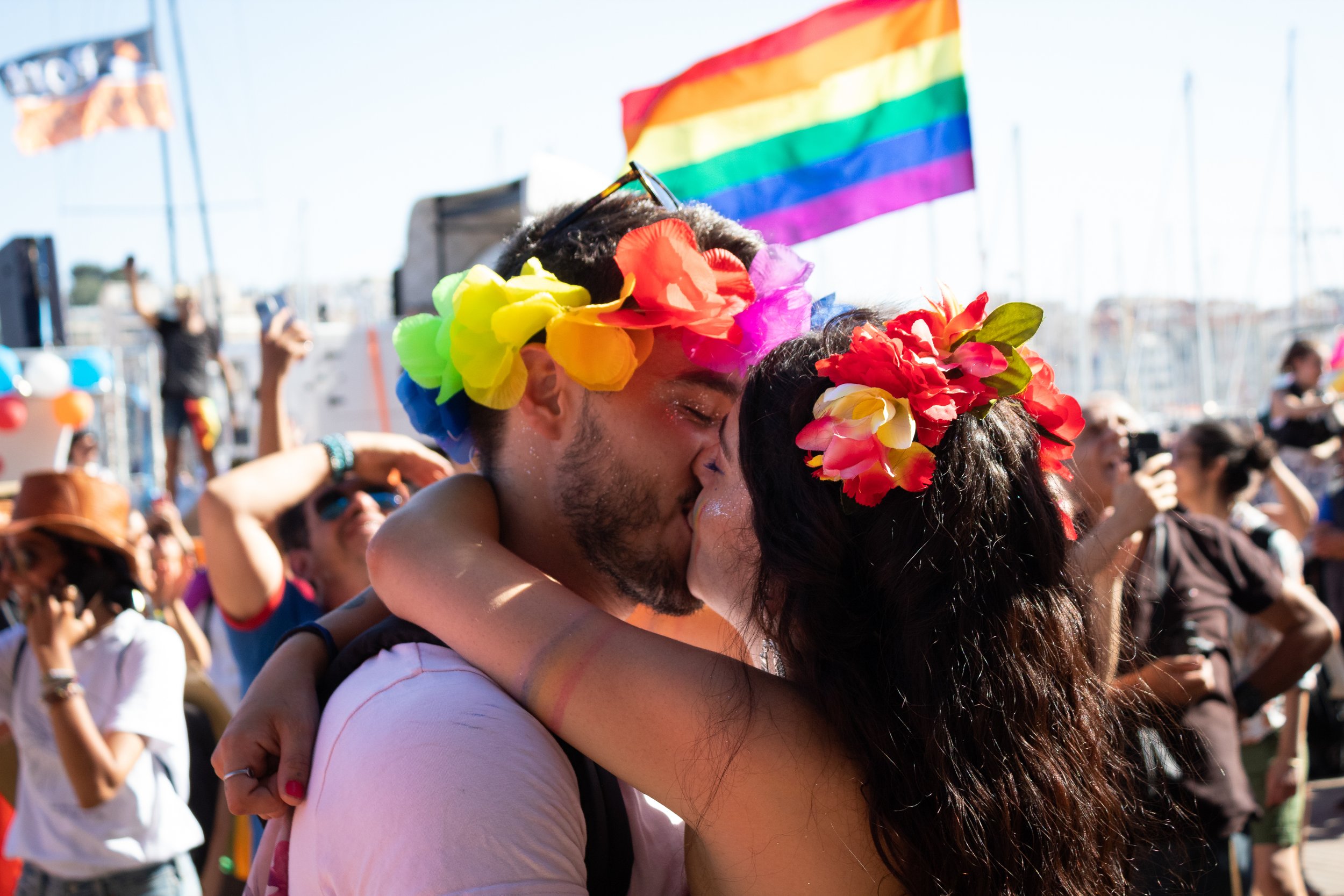  A couple kissing in front of Marseille City Hall, Marseille, France, at the end of the Marseille Pride Parade, on July 2, 2022. Thousands of people marched from Porte d'Aix with many of them holding up symbols of the fight for abortion rights becaus