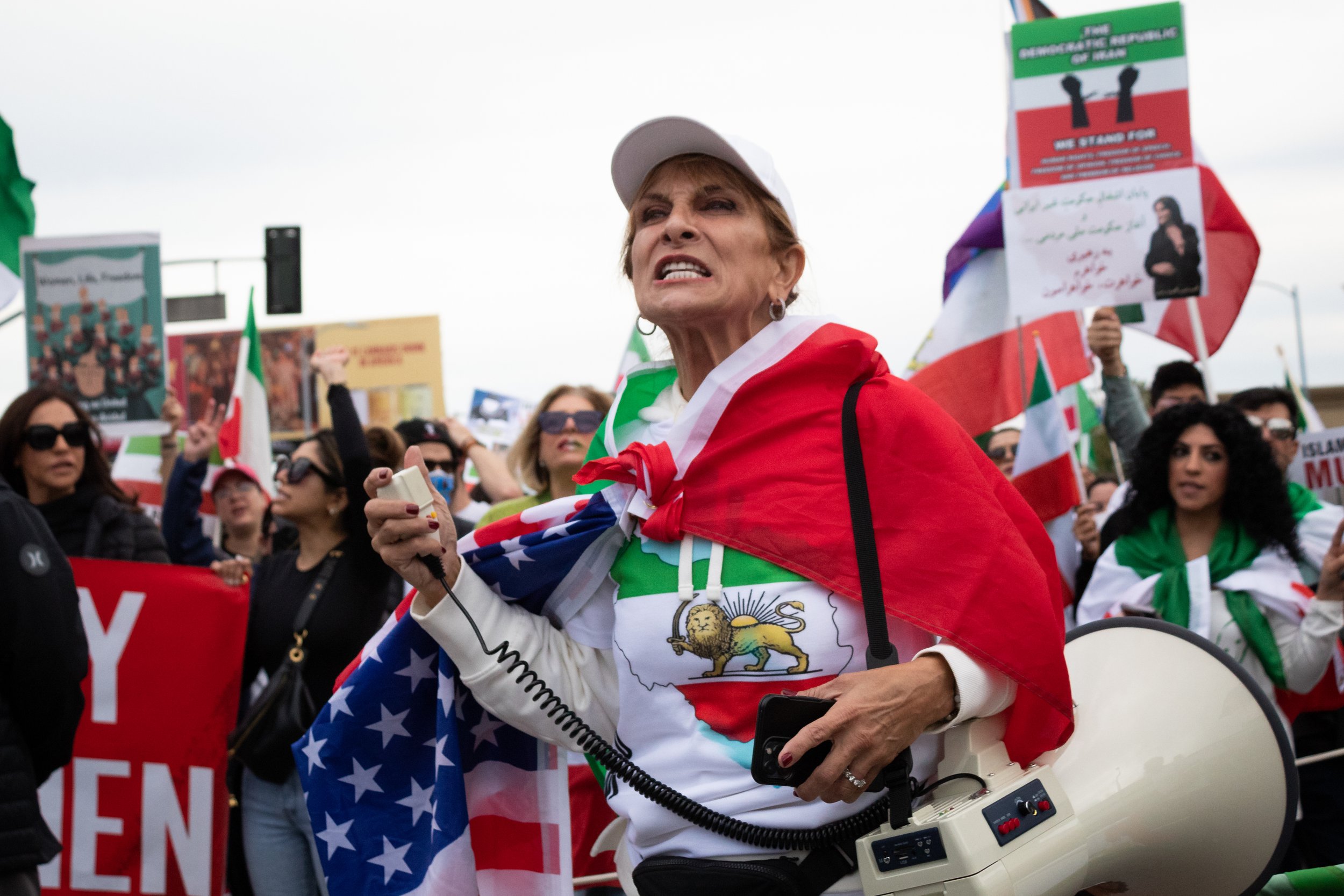  A demonstrator leading chants during the Freedom for Iran rally in Los Angeles, Calif. on Saturday, Dec. 17, 2022. 