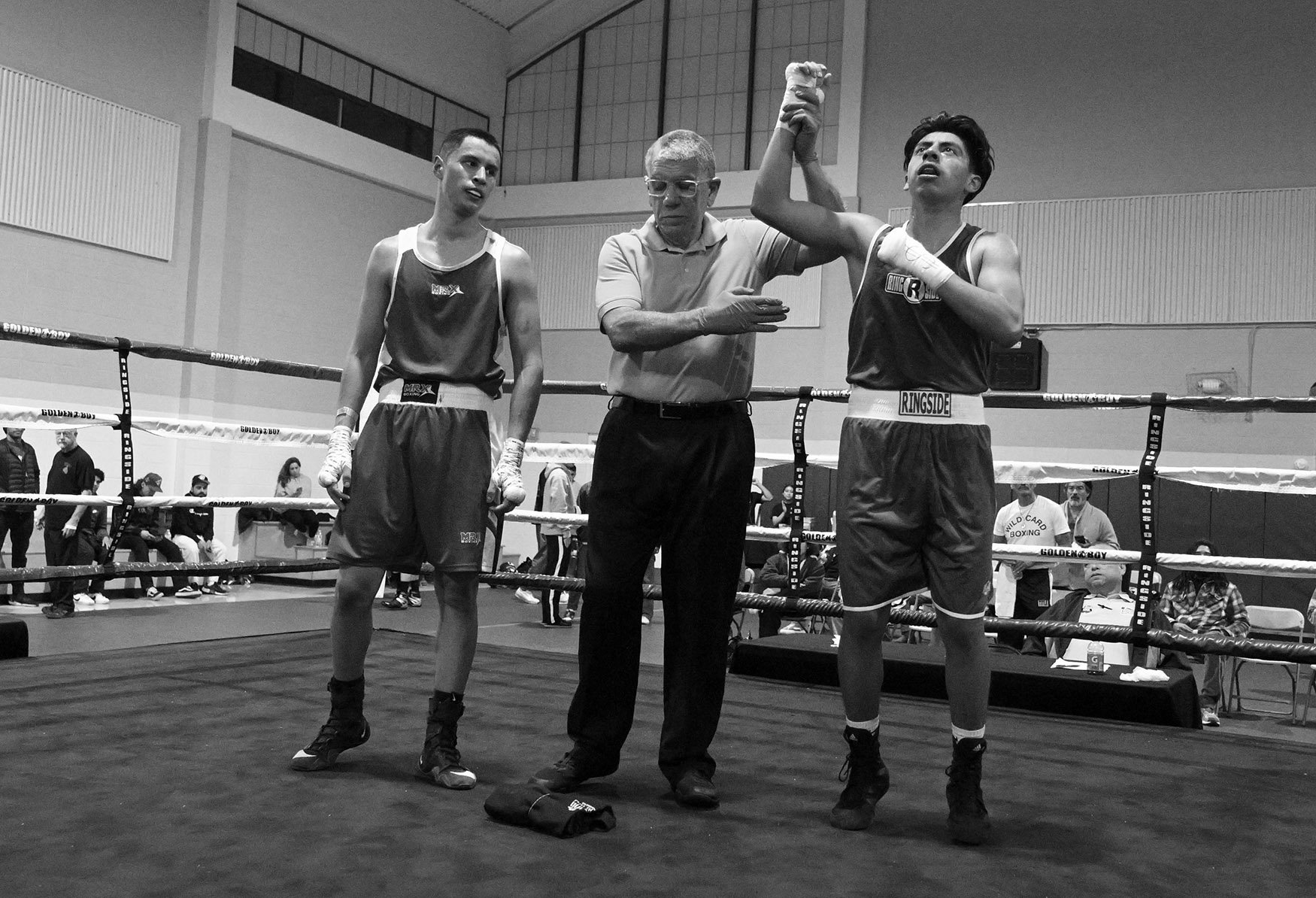  Boxer Roger Gomez-Peralta, right, of the Villa Parke Boxing of Pasadena reacts as he defeated Javier Aguilar of the Azusa Boxing Club during the Golden Gloves competition at Loma Alta Park in Altadena on Thursday, February 23, 2023.  
