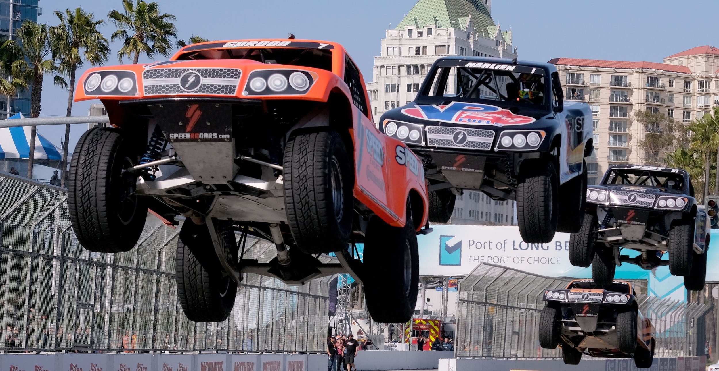  Stadium Super Trucks fly off a jump as they race along Shoreline Drive during  Race 1 at the 48th Acura Grand Prix of Long Beach on Friday, Apr. 14, 2023.  (Photo by Dean Musgrove, Los Angeles Daily News/SCNG) 