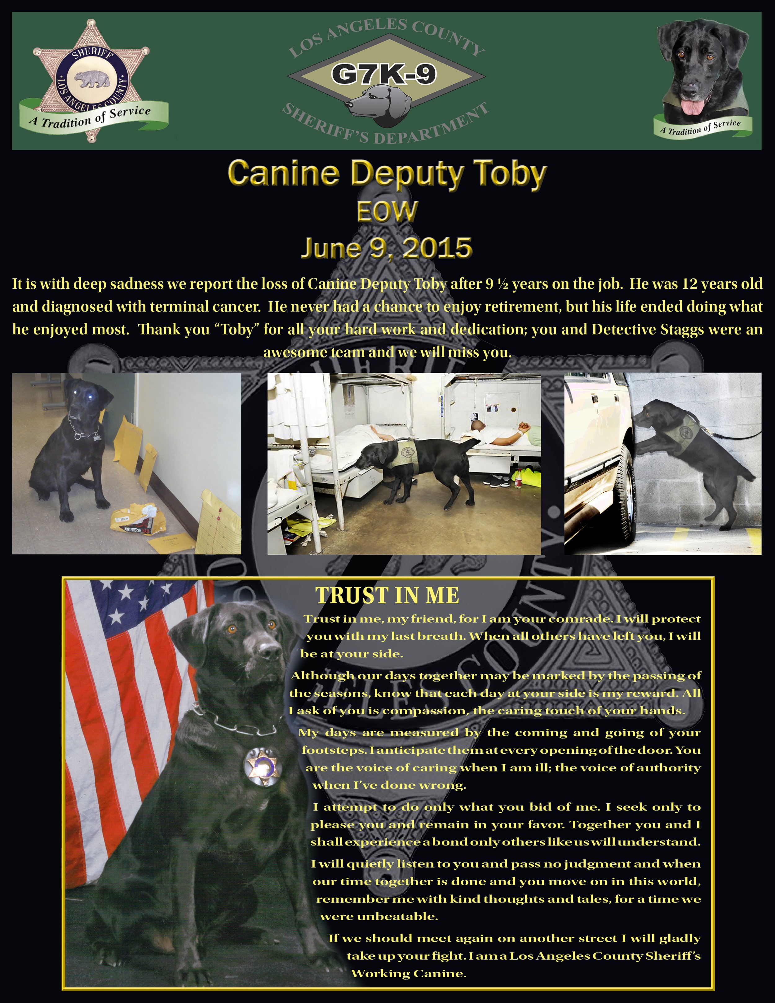  Memorial infographic for "Toby", an LASD canine officer. 