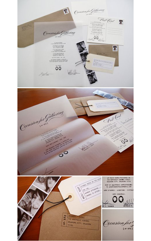 very unusual, yet beautiful wedding suite . a letter with their signatures + a photo strip + RSVP on a tag = swoon.