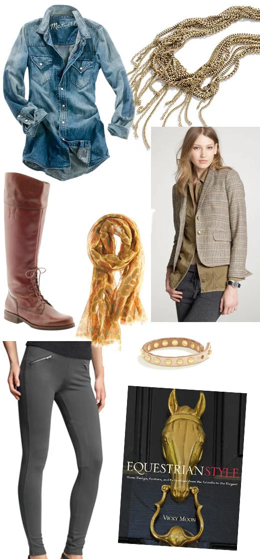 chambray shirt | necklace | flat boot | scarf | jacket | riding leggings | bracelet | book