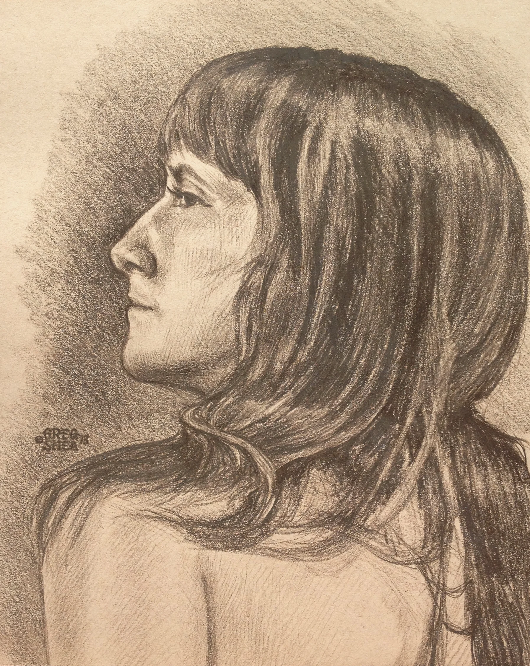Mel , head study. 2013. Pastel pencil on toned paper. Available for purchase. 